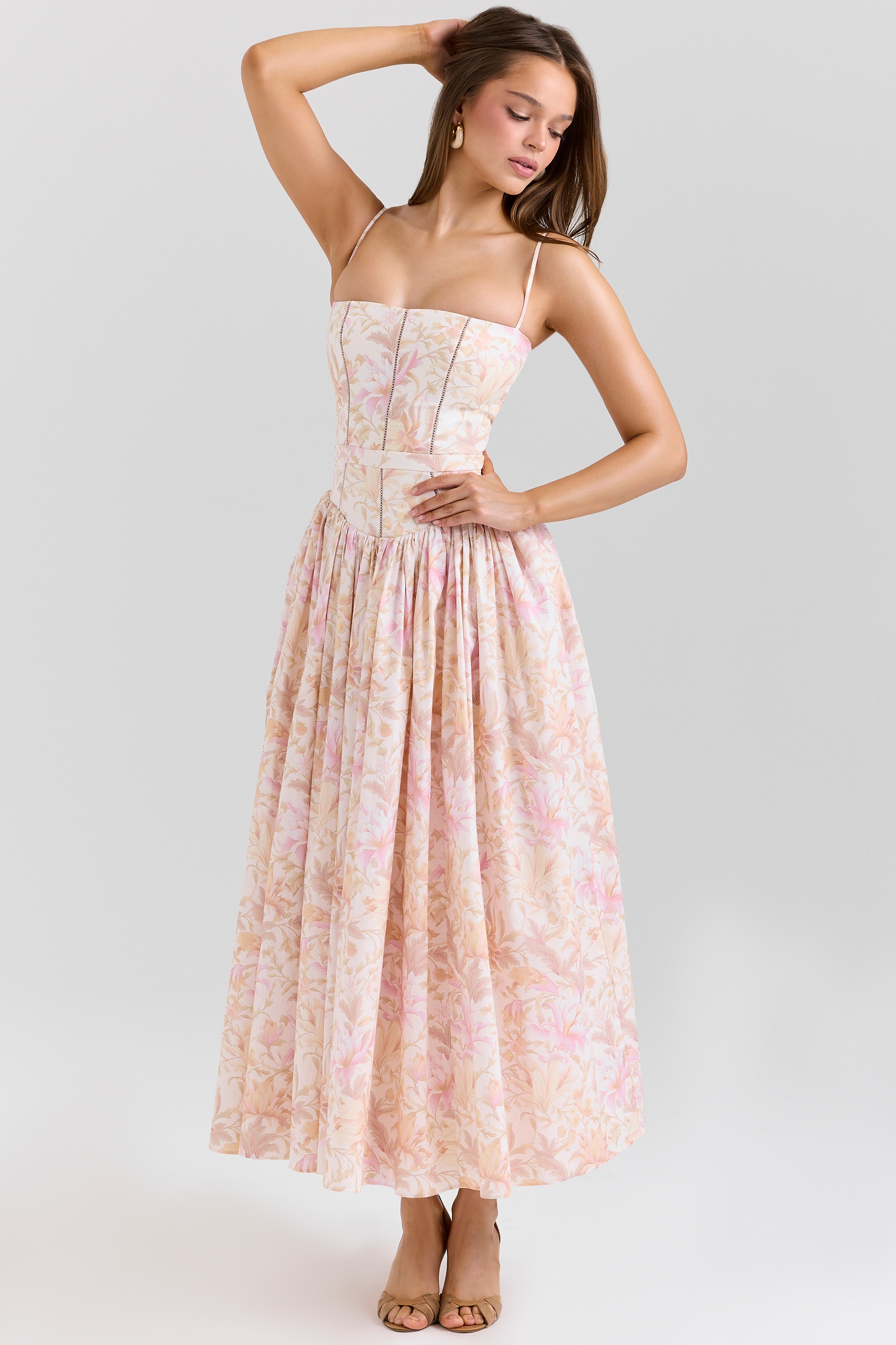 Ysabella-Peach Floral Print Stretch Cotton Midi Sundress