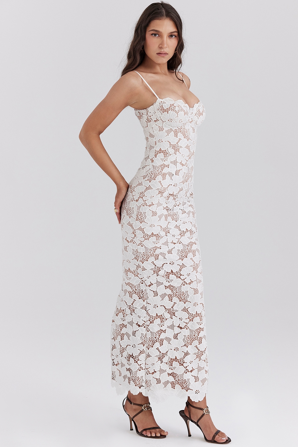 Pearl-White Floral Embroidered Maxi Dress