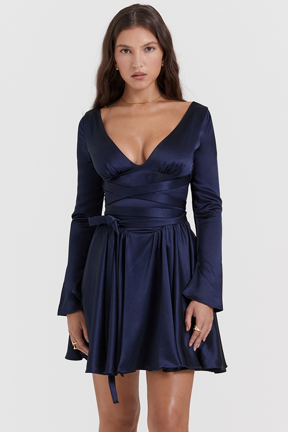 Dominique-Navy Plunge Mini Dress