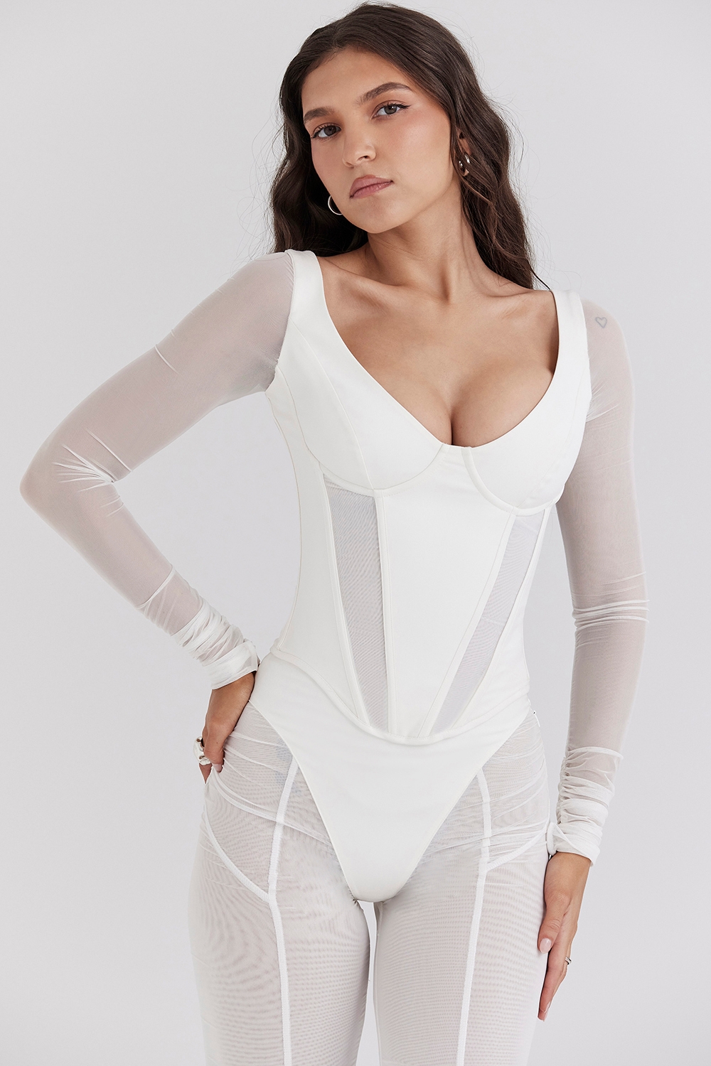 Araminta-White Long Sleeve Mesh Corset