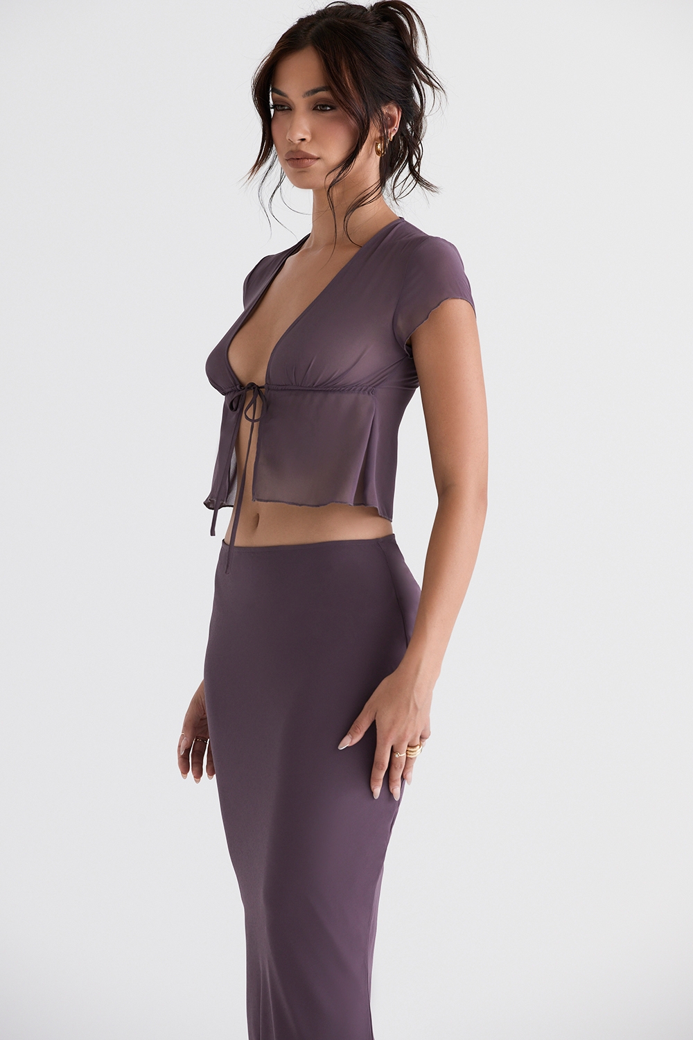 Maia-Dark Mauve Tie Front Top