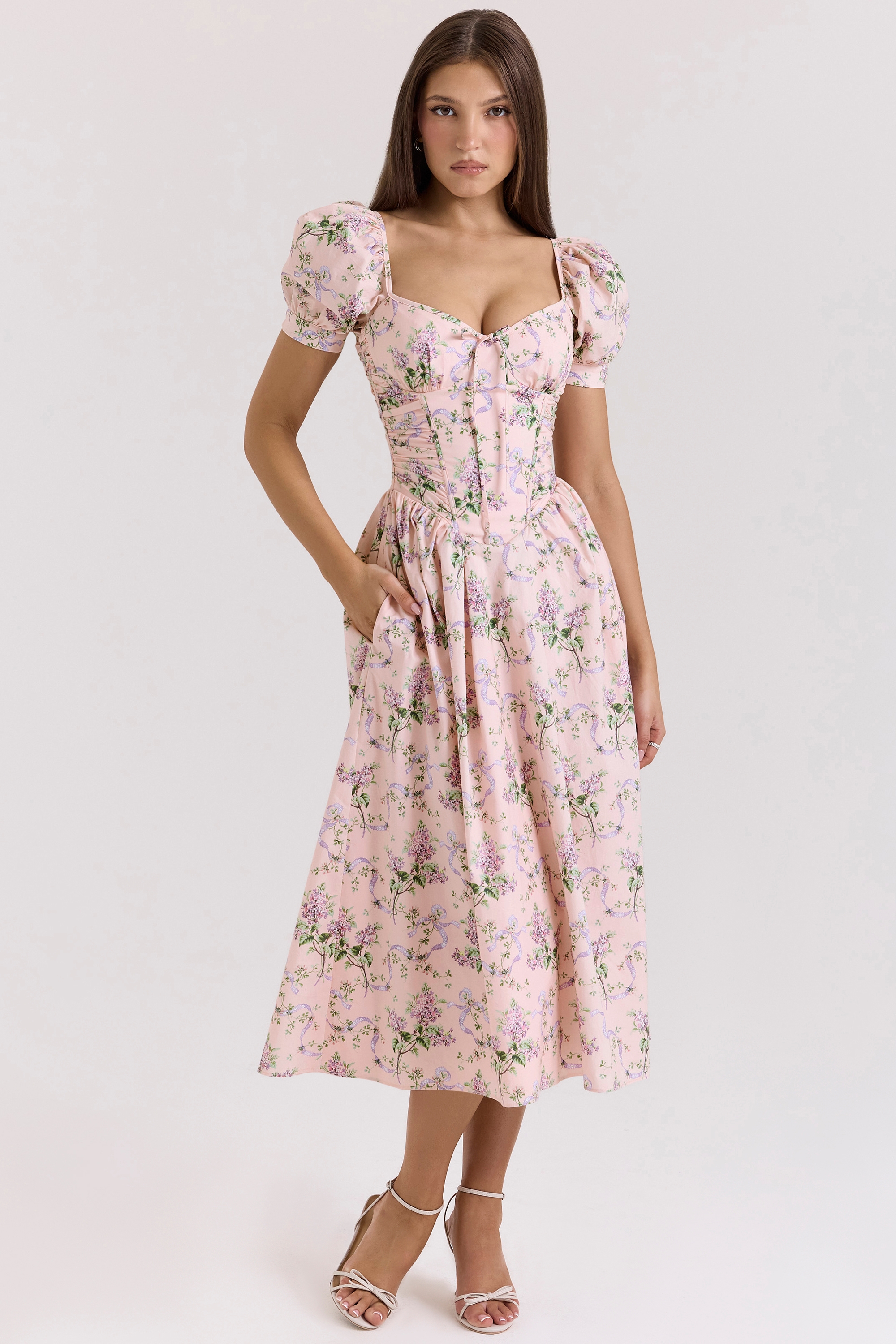 Lulabell-Pink Ribbon Print Cotton Midi Dress