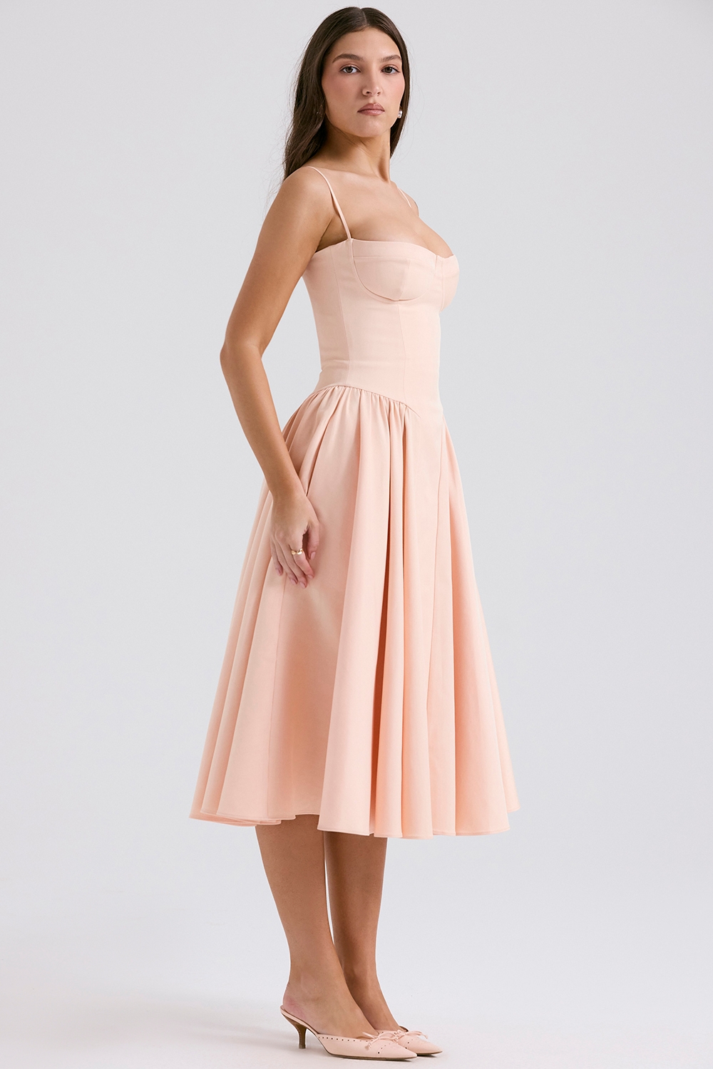 Samaria-Peach Parfait Twill Corset Midi Dress