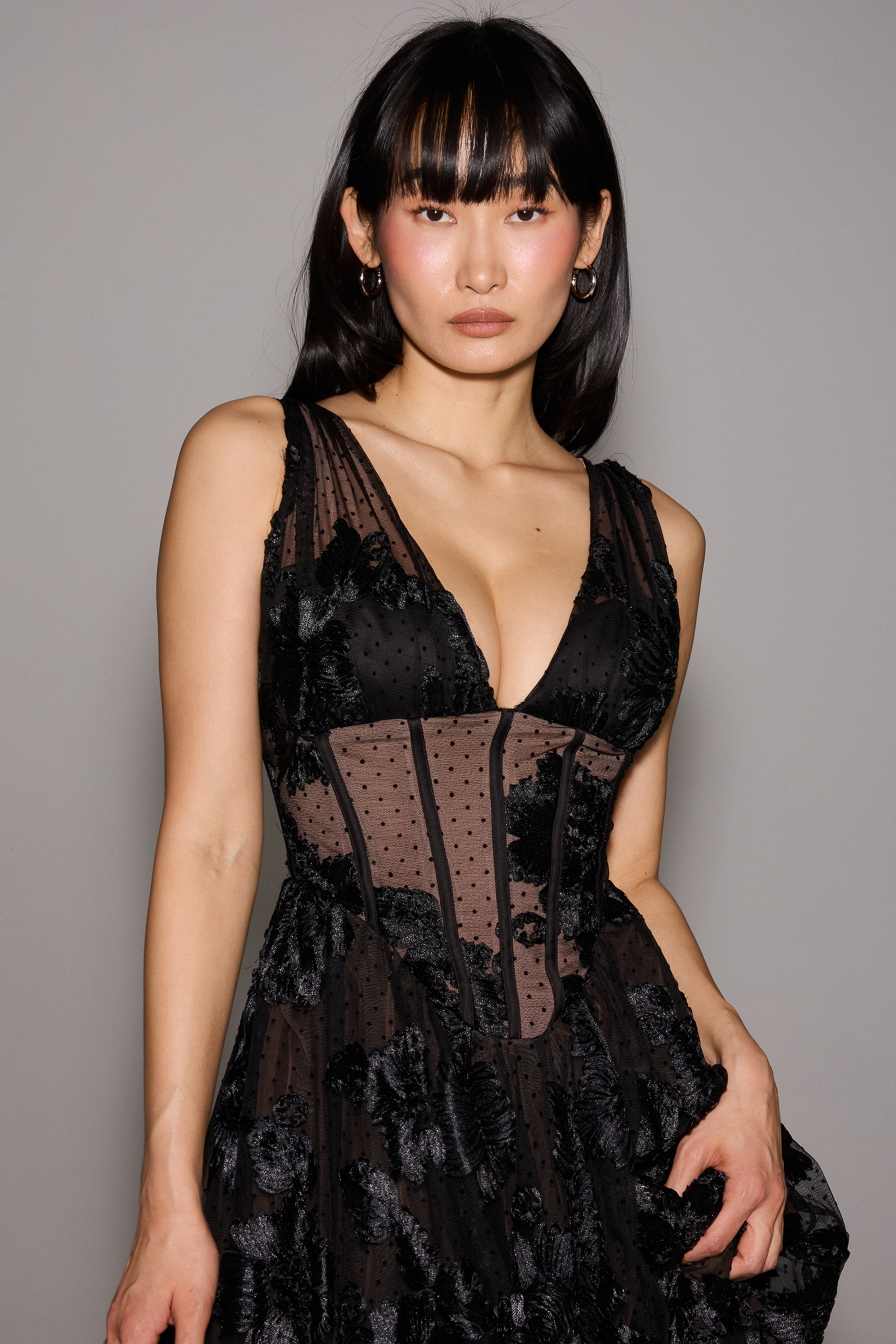 Sianna-Black Embroidered Tulle Corset Midi Dress