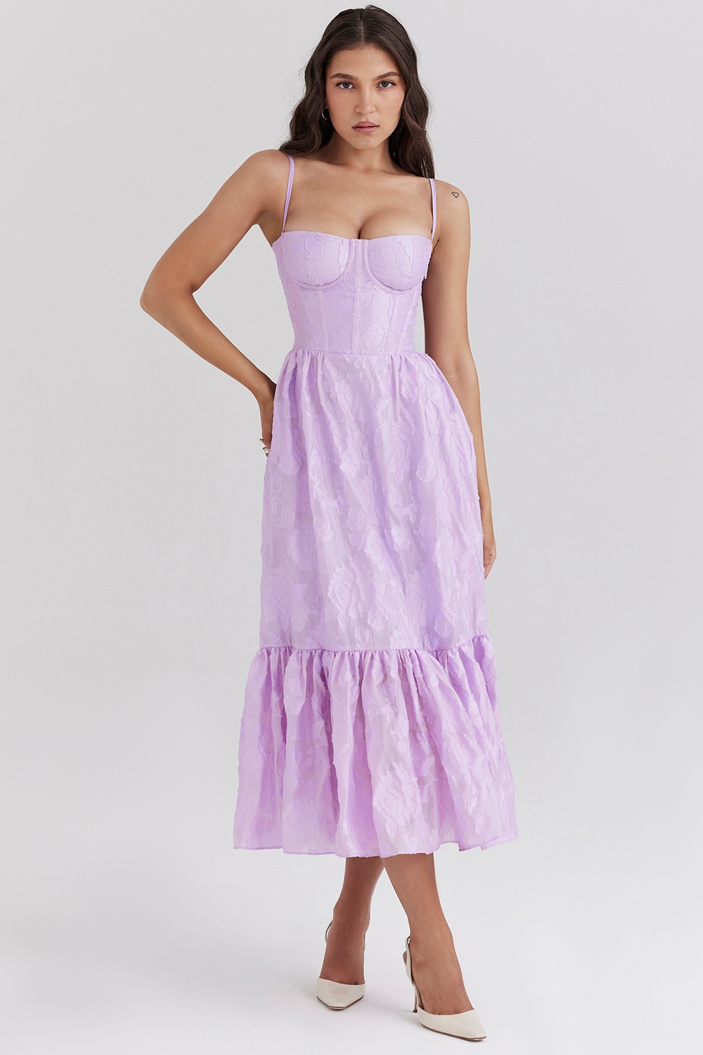 Mira-Orchid Floral Jacquard Tiered Midi Dress