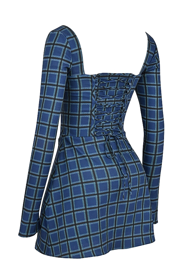 Malika-Blue Tartan Corset Mini Dress