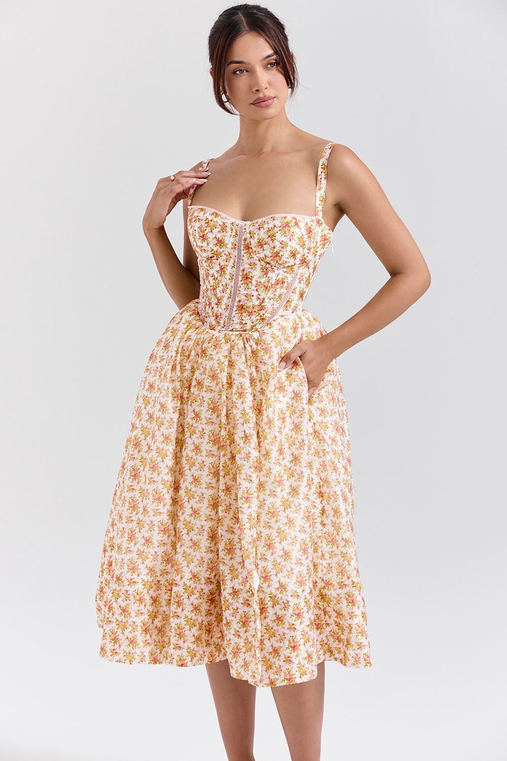 Kelly-Royal Rose Print Corset Midi Sundress