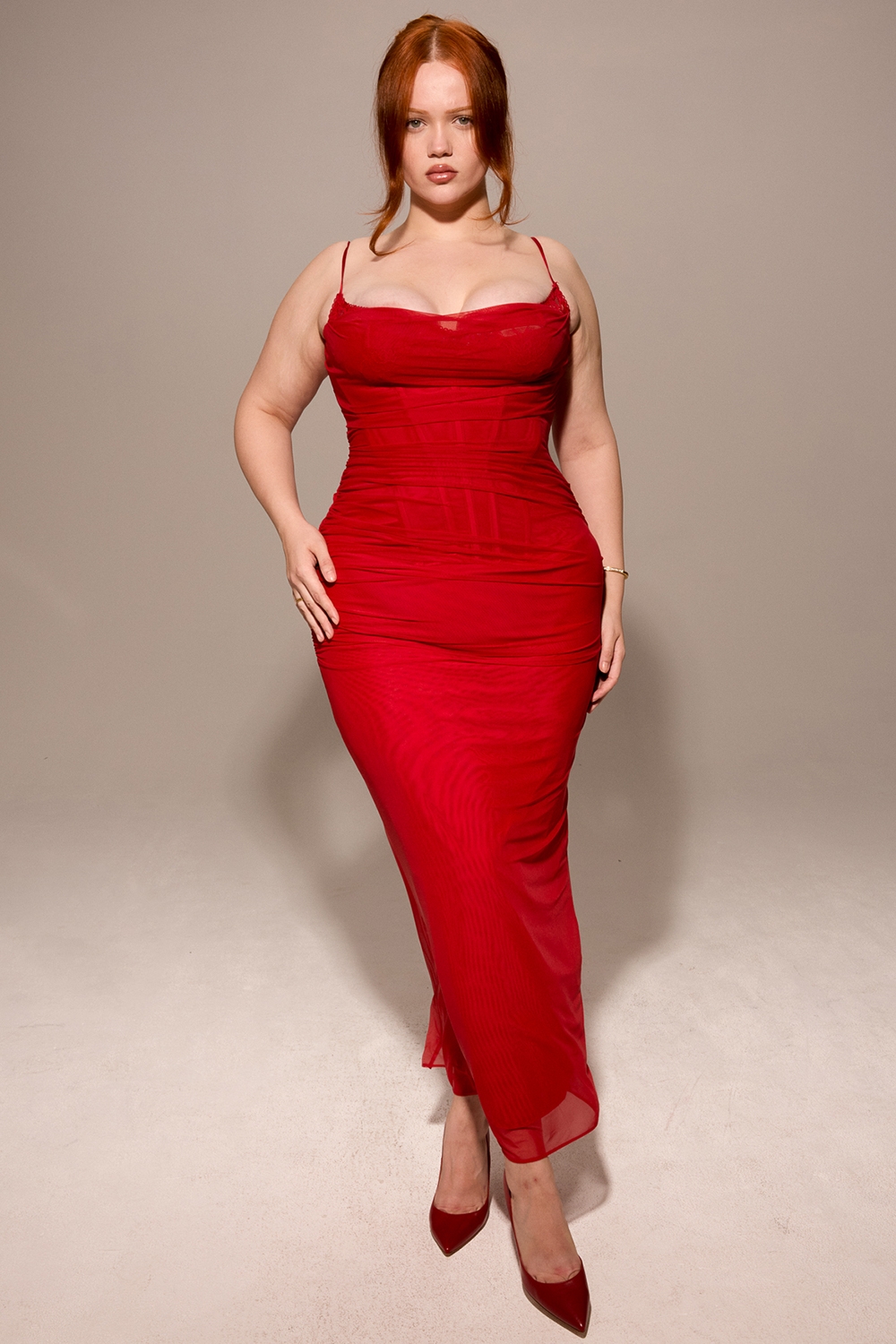Nalini-Holly Red Stretch Mesh Corset Maxi Dress