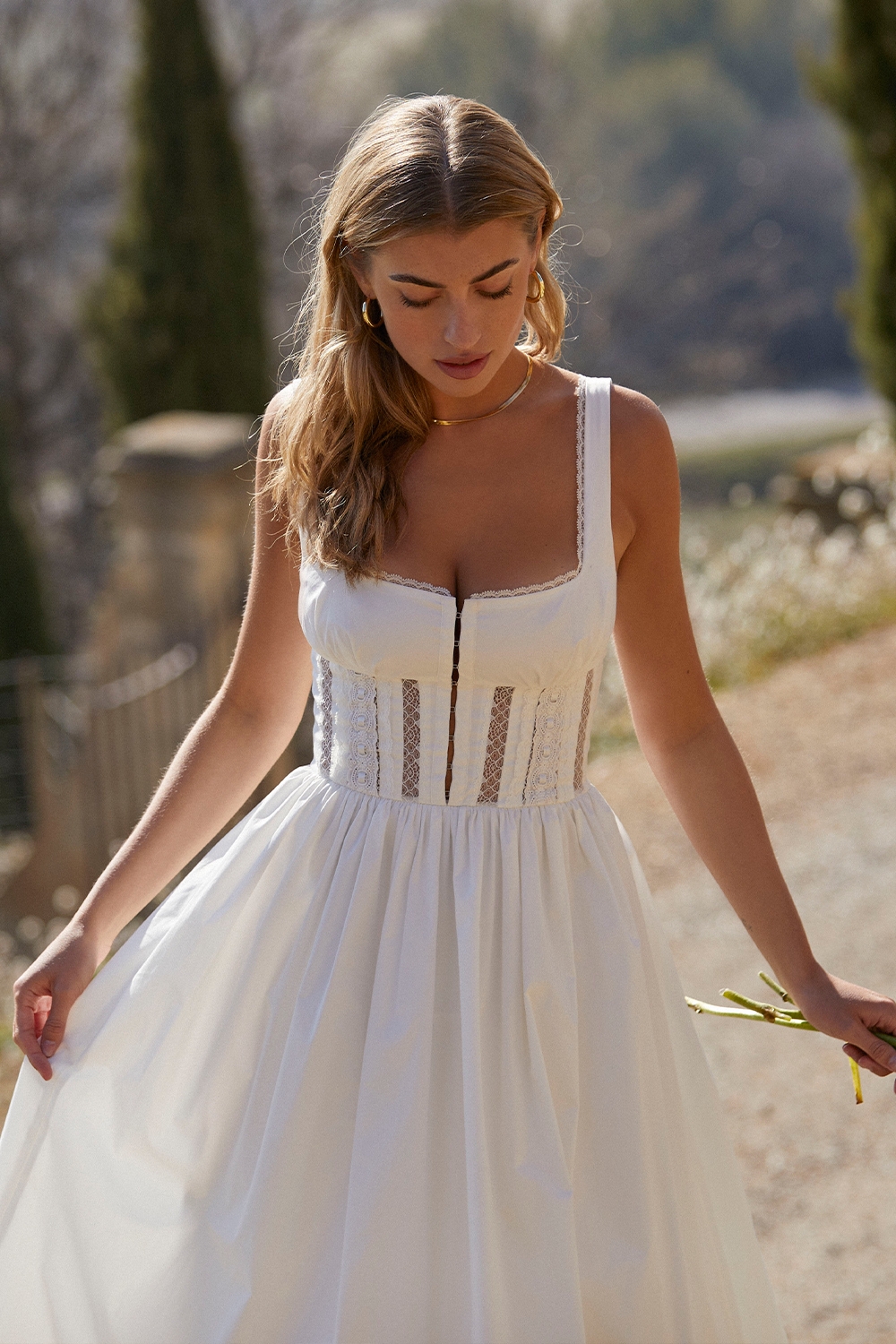 Perle-White Lace Trim Midi Dress