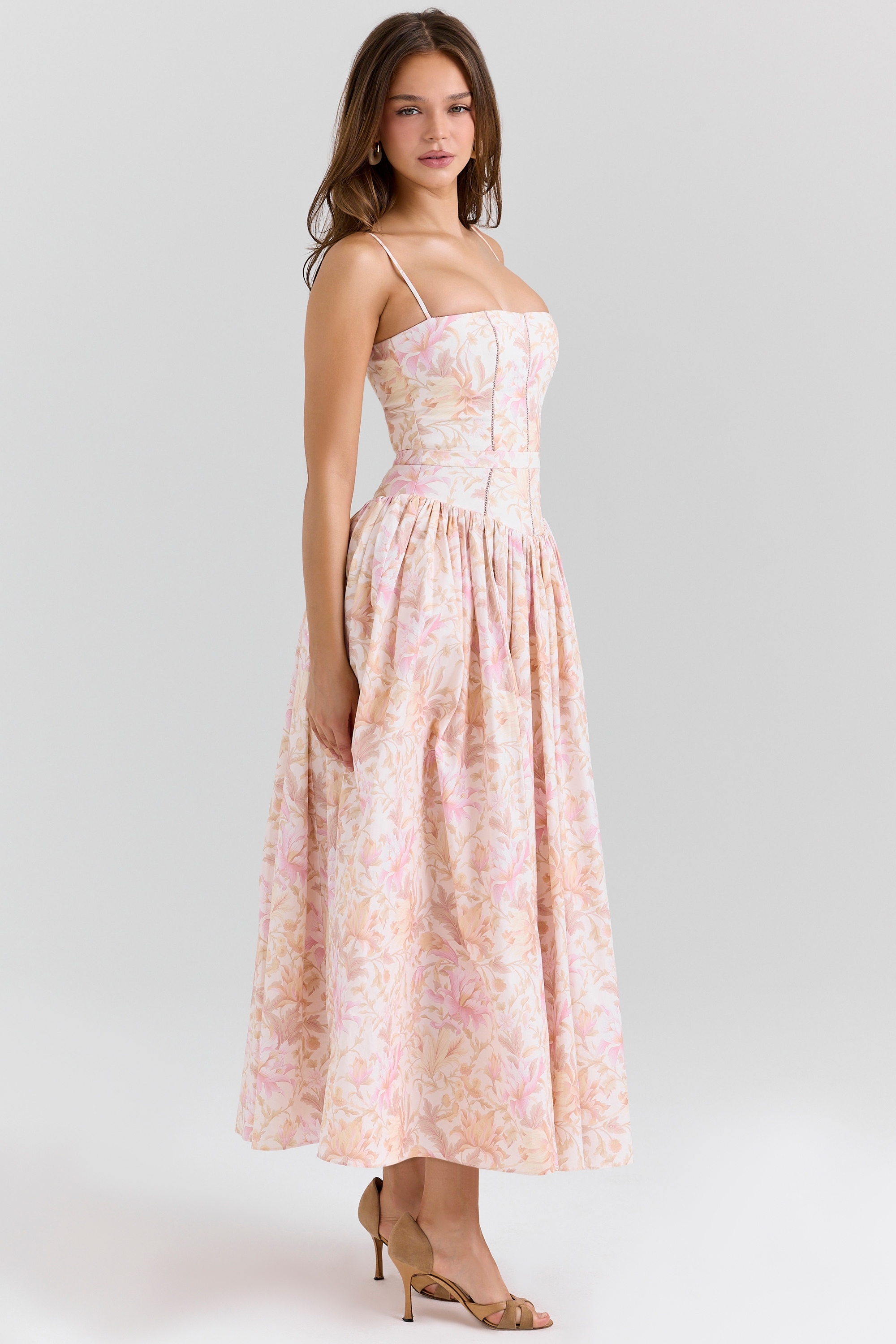 Ysabella-Peach Floral Print Stretch Cotton Midi Sundress