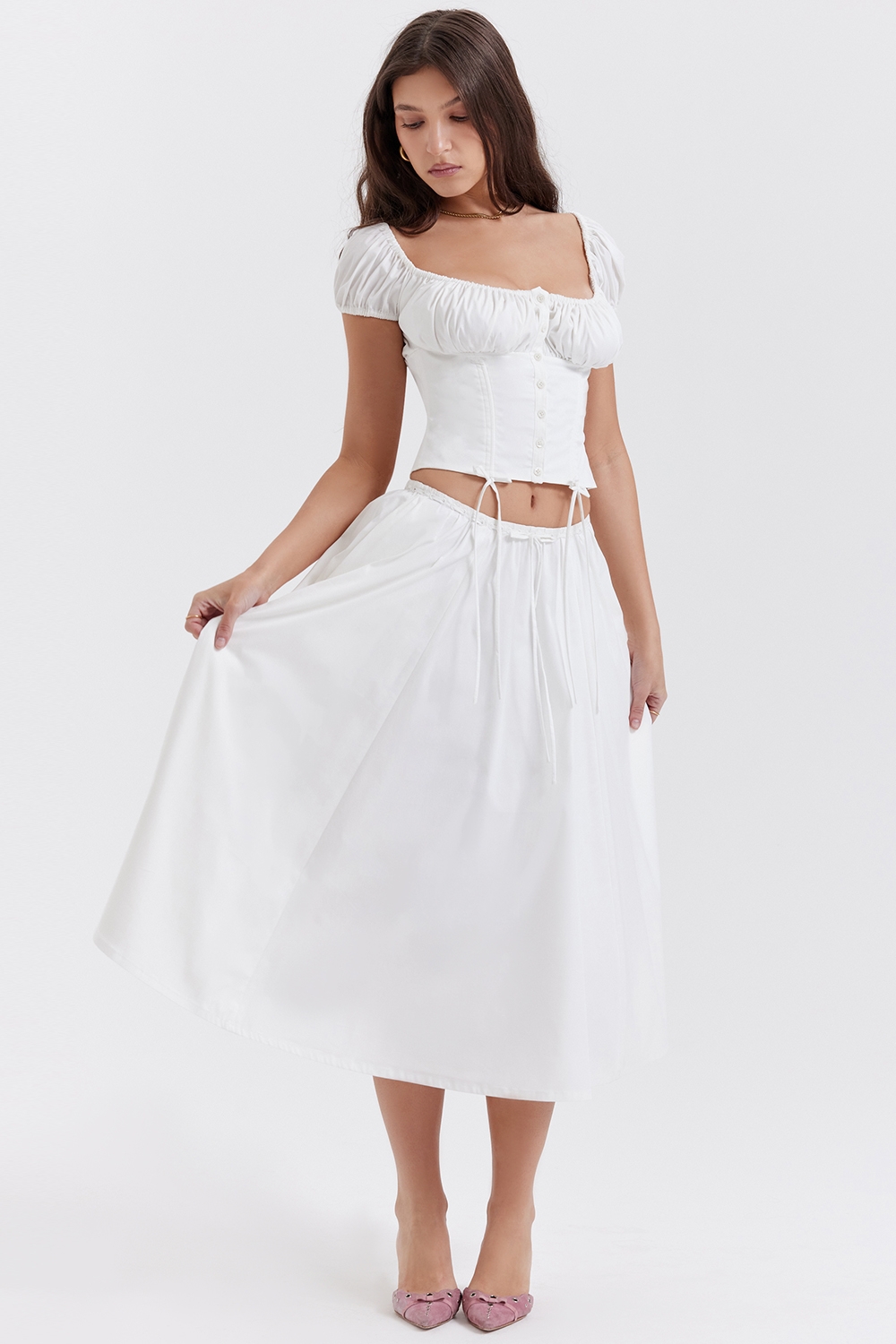 Cora-White Gathered Midi Skirt