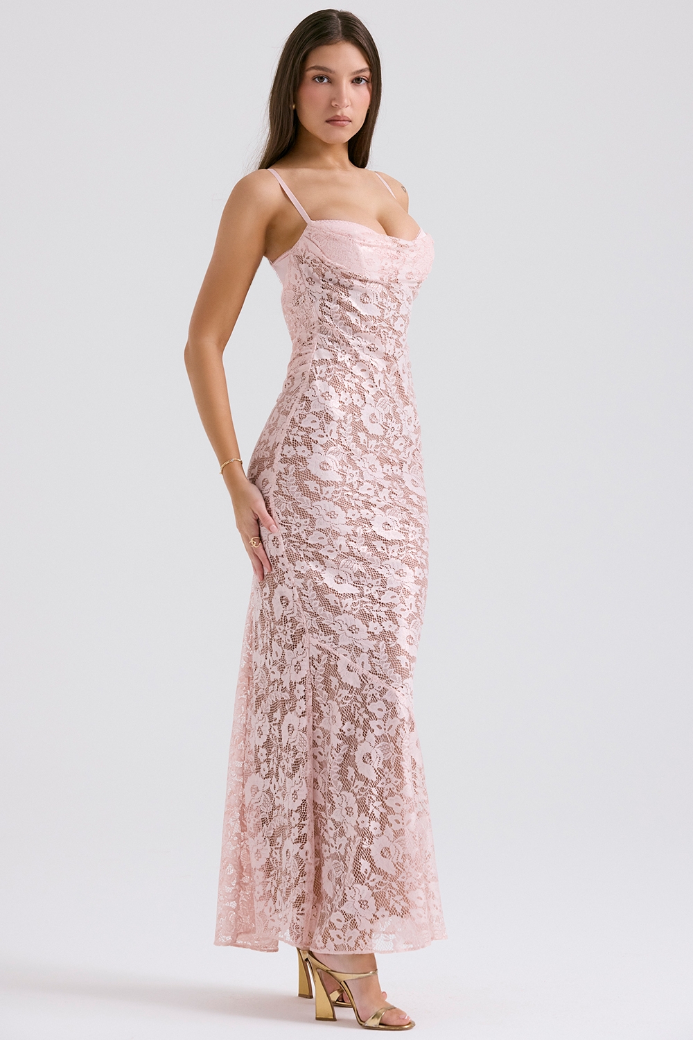 Azzurra-Rose Pink Lace Godet Gown