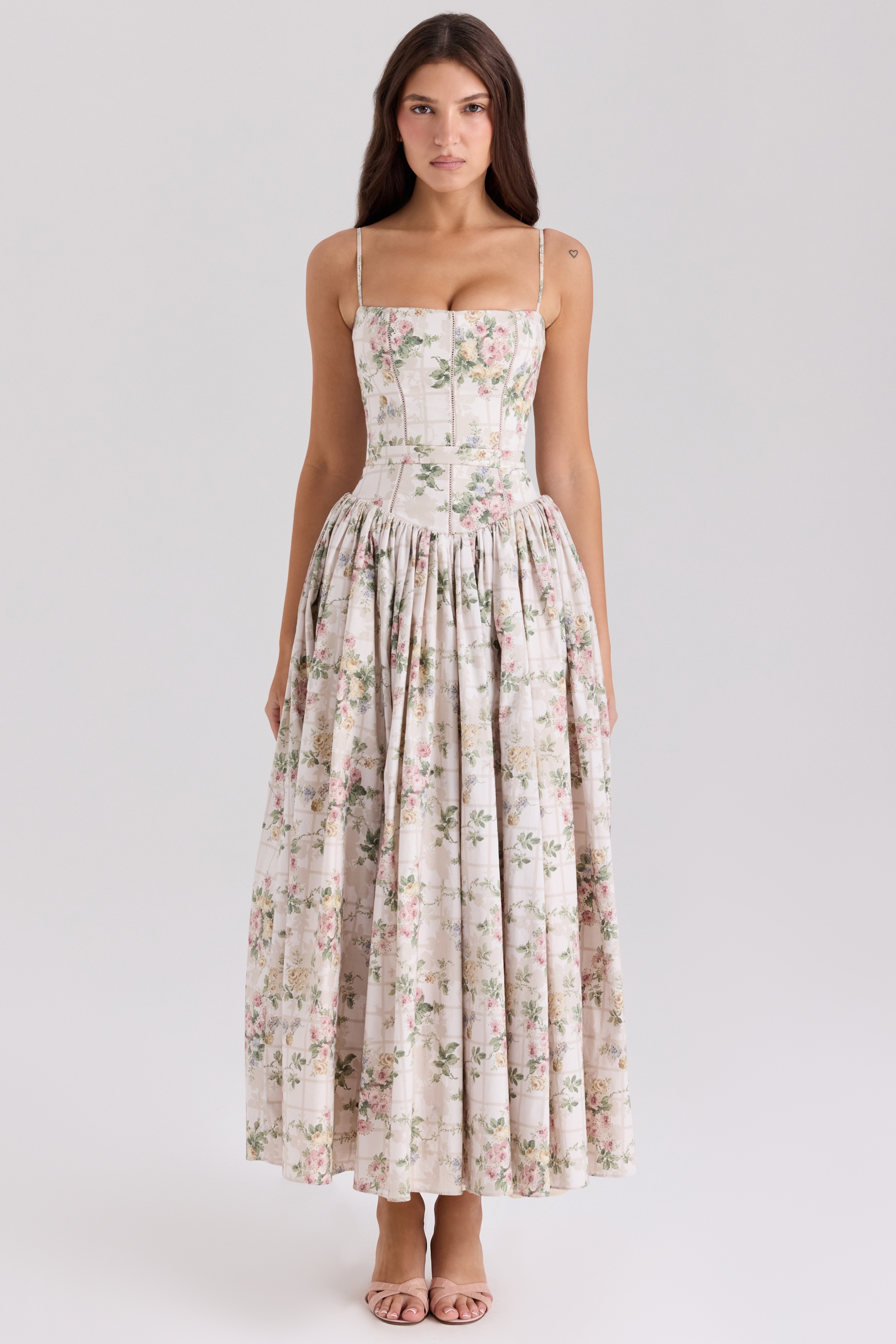Ysabella-Cream Floral Print Cotton Midi Sundress