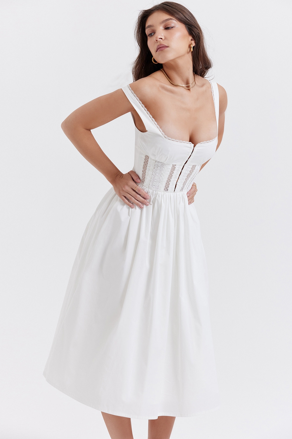 Perle-White Lace Trim Midi Dress