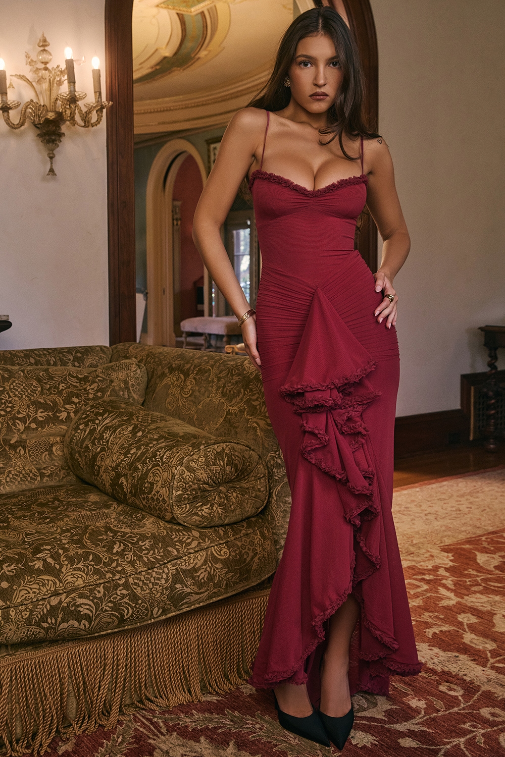 Gabbi-Wine Ruffled Front Gown