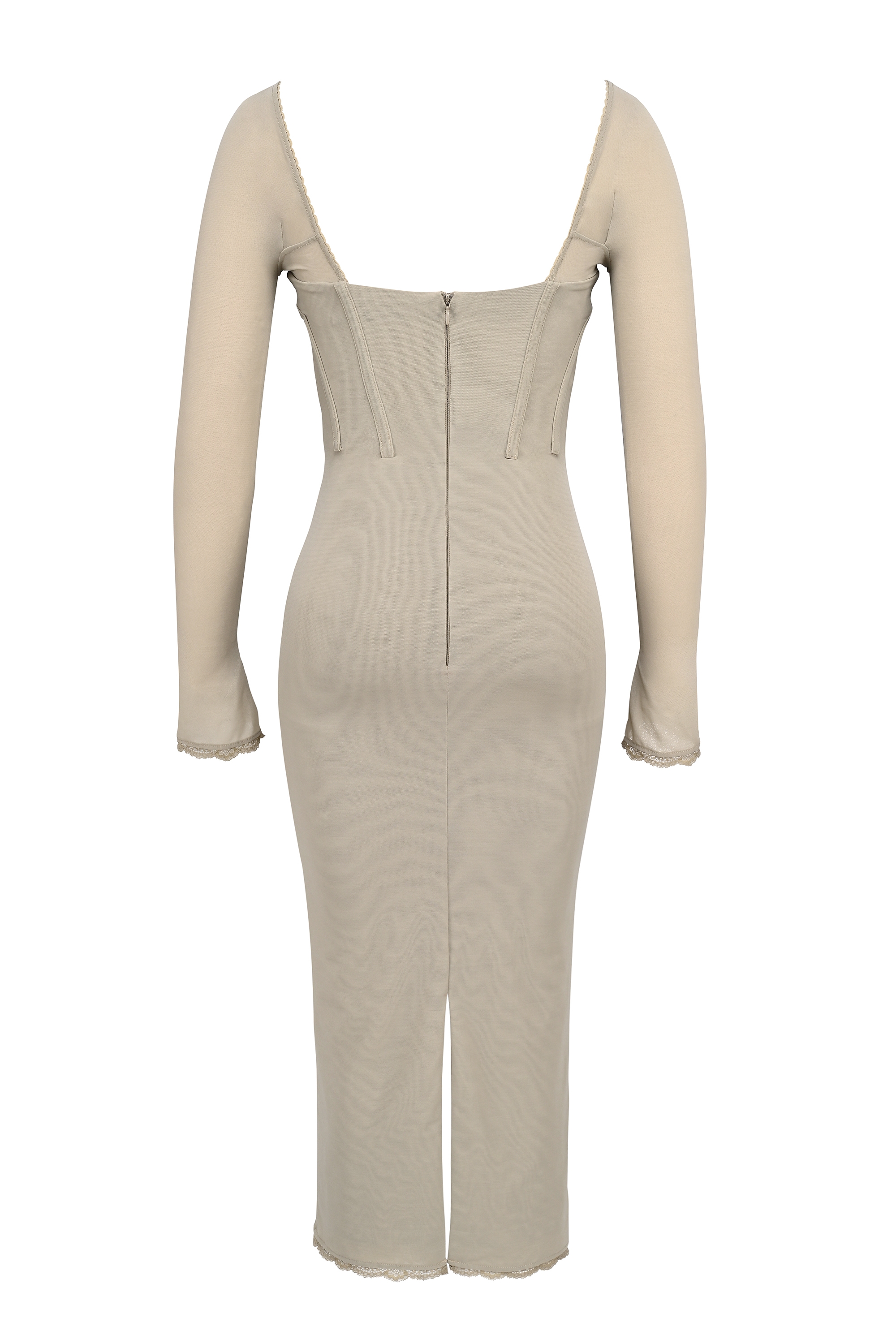 Saisha-Beige Mesh Long Sleeve Bodycon Midi Dress