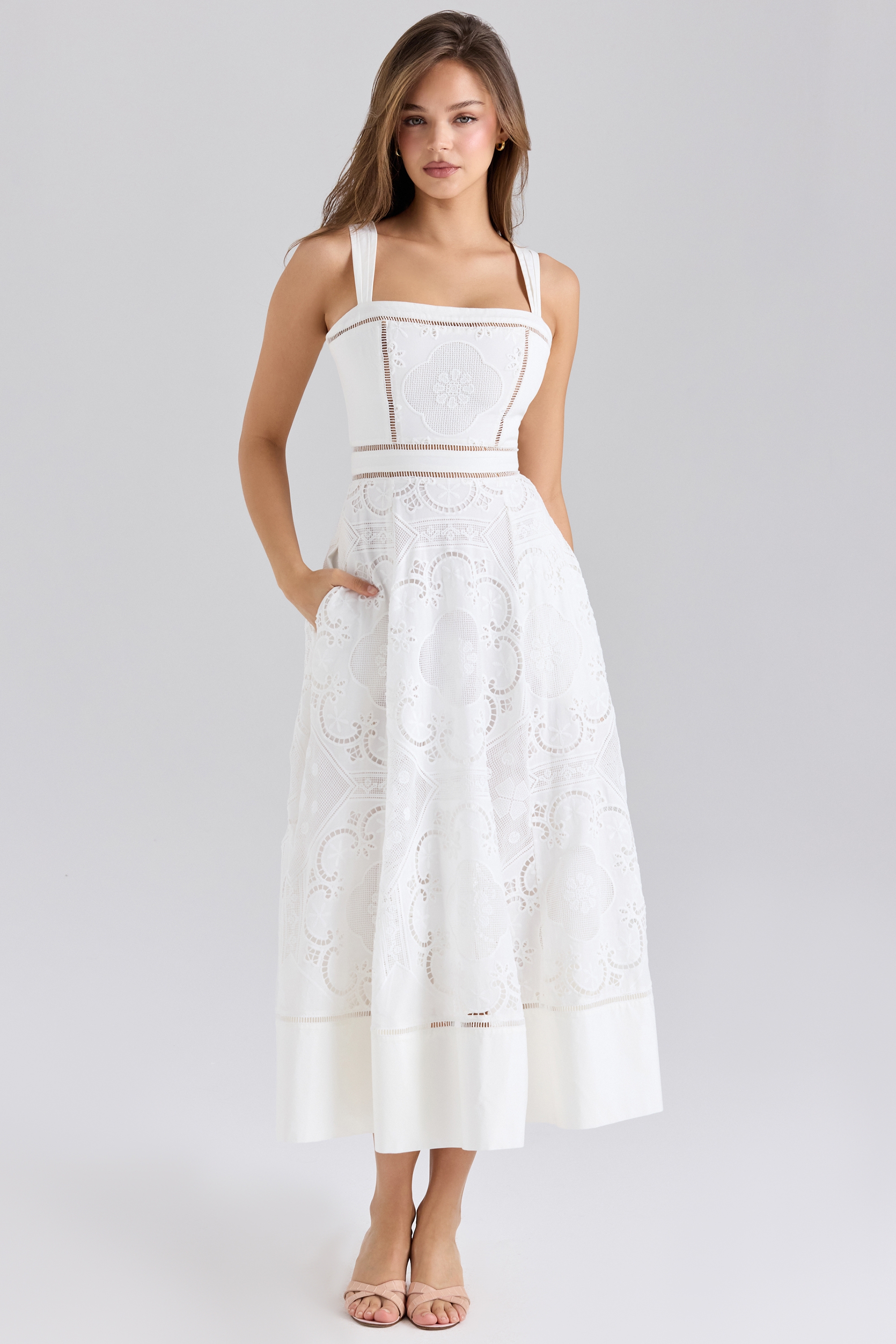 Ava-White Stretch Cotton Broderie Anglaise Midi Dress