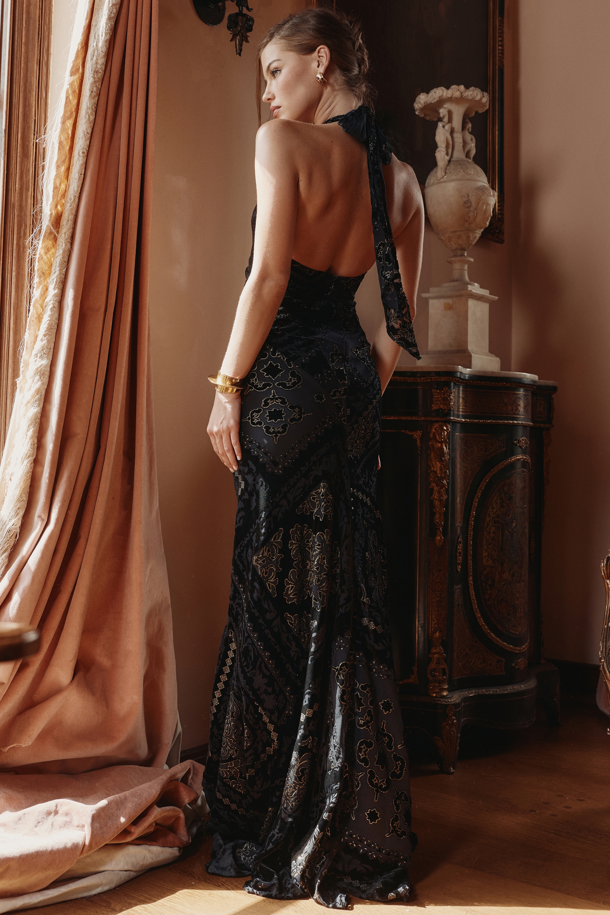 Oliviana-Black & Gold Devore Velvet Maxi Gown