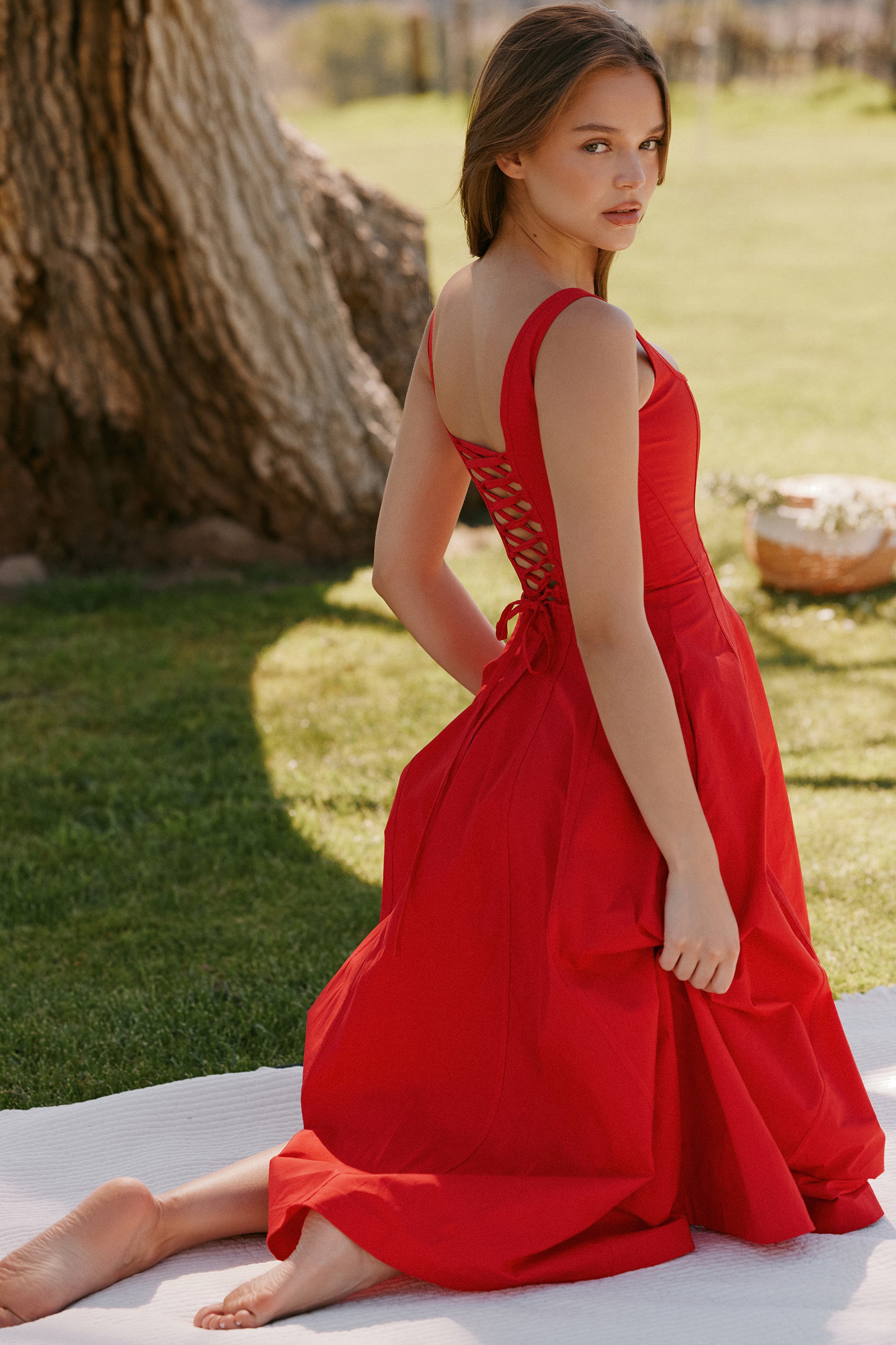 Mariabella-Red Stretch Cotton Midi Sundress