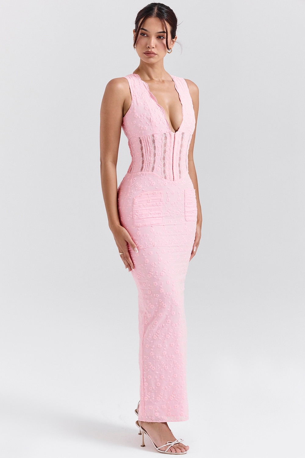 Sophina-Perfectly Pink Broderie Anglais Plunge Maxi Dress