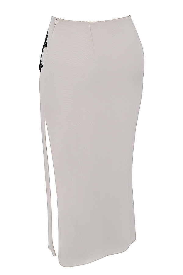 Amal-Champagne Beaded Midi Skirt