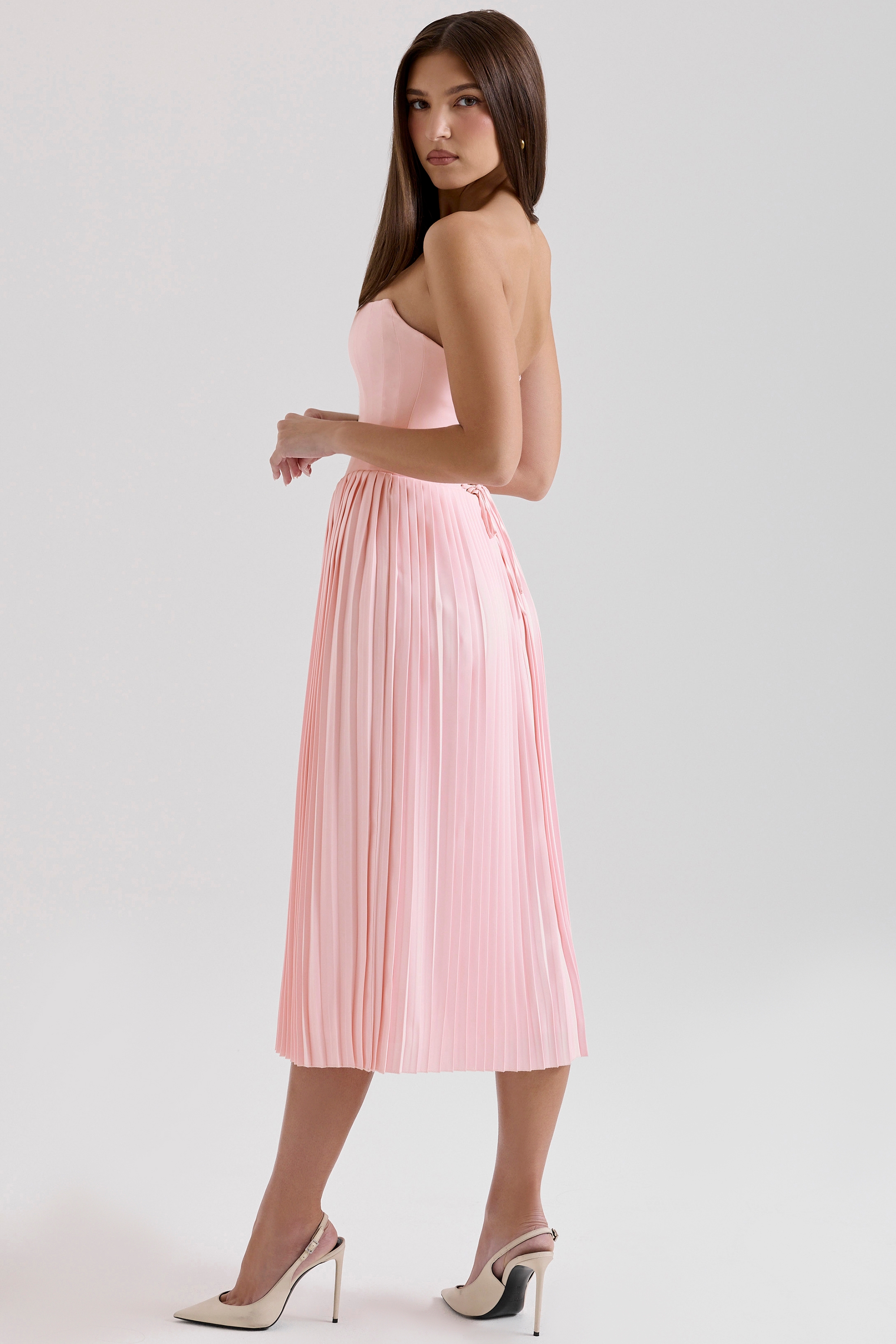 Marci-Pink Pleated Midi Corset Dress