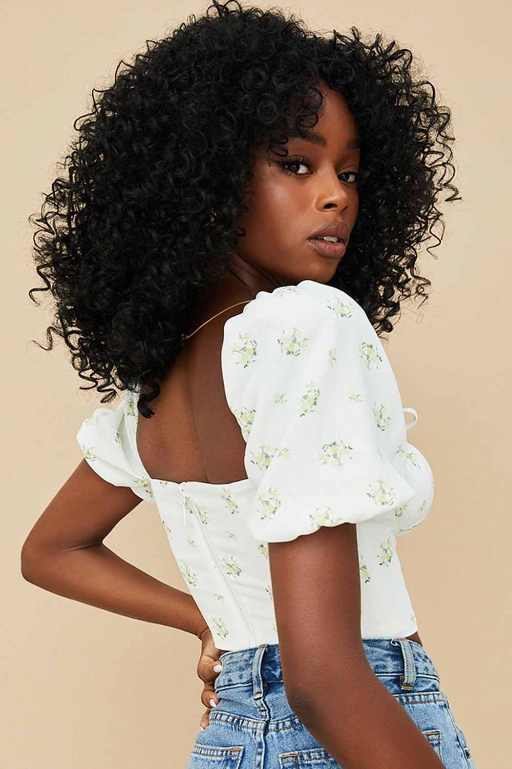 Arianna-Ivory Floral Puff Sleeve Cropped Top