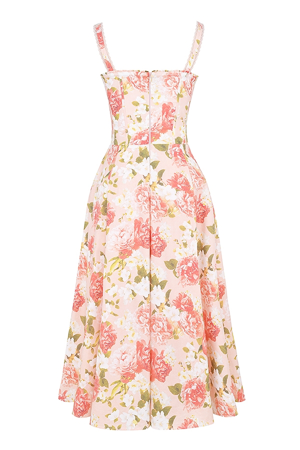 Rosalee-Pink Peony Print Cotton Bustier Sundress