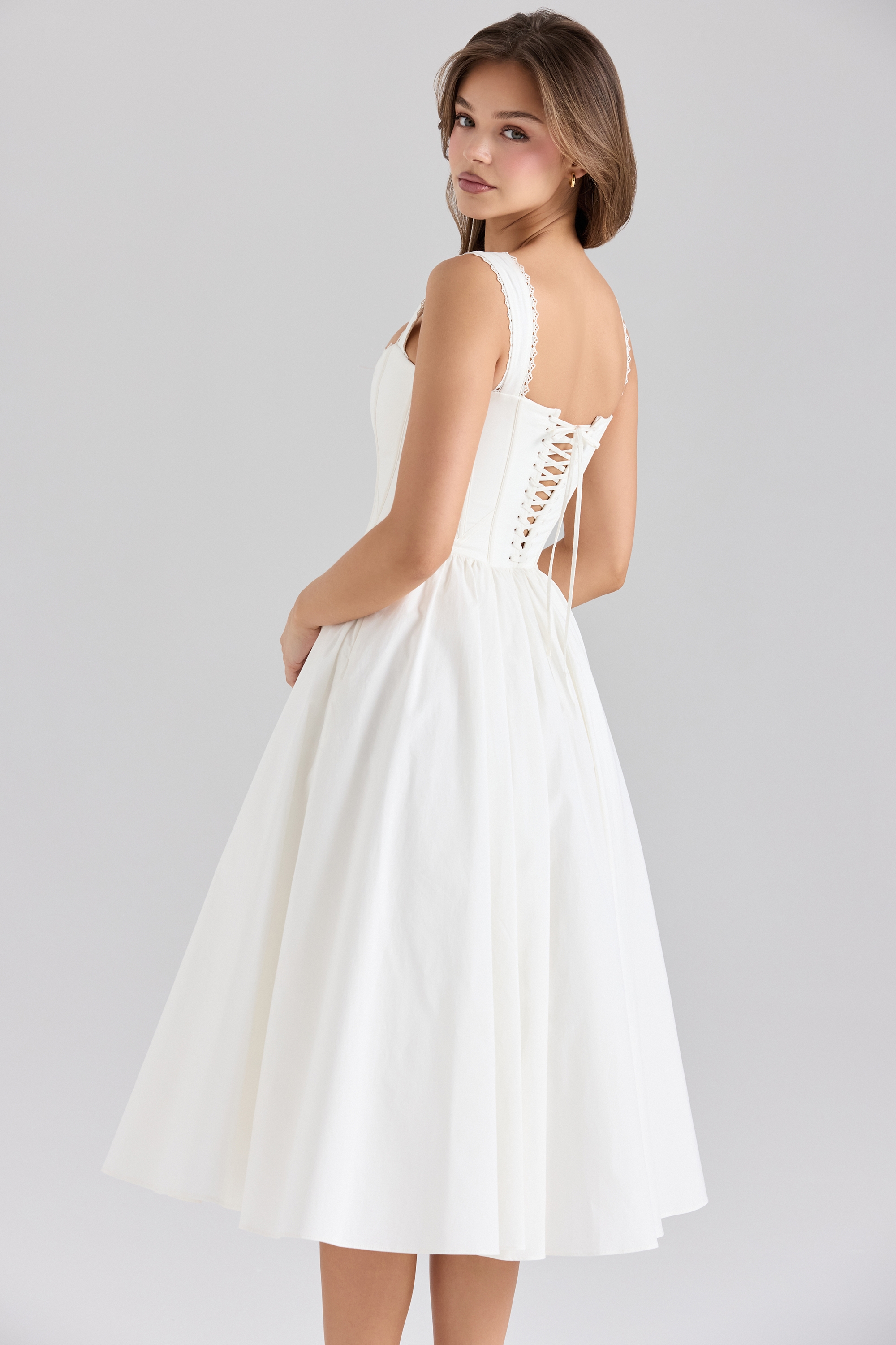 Amara-White Stretch Cotton Corset Midi Dress