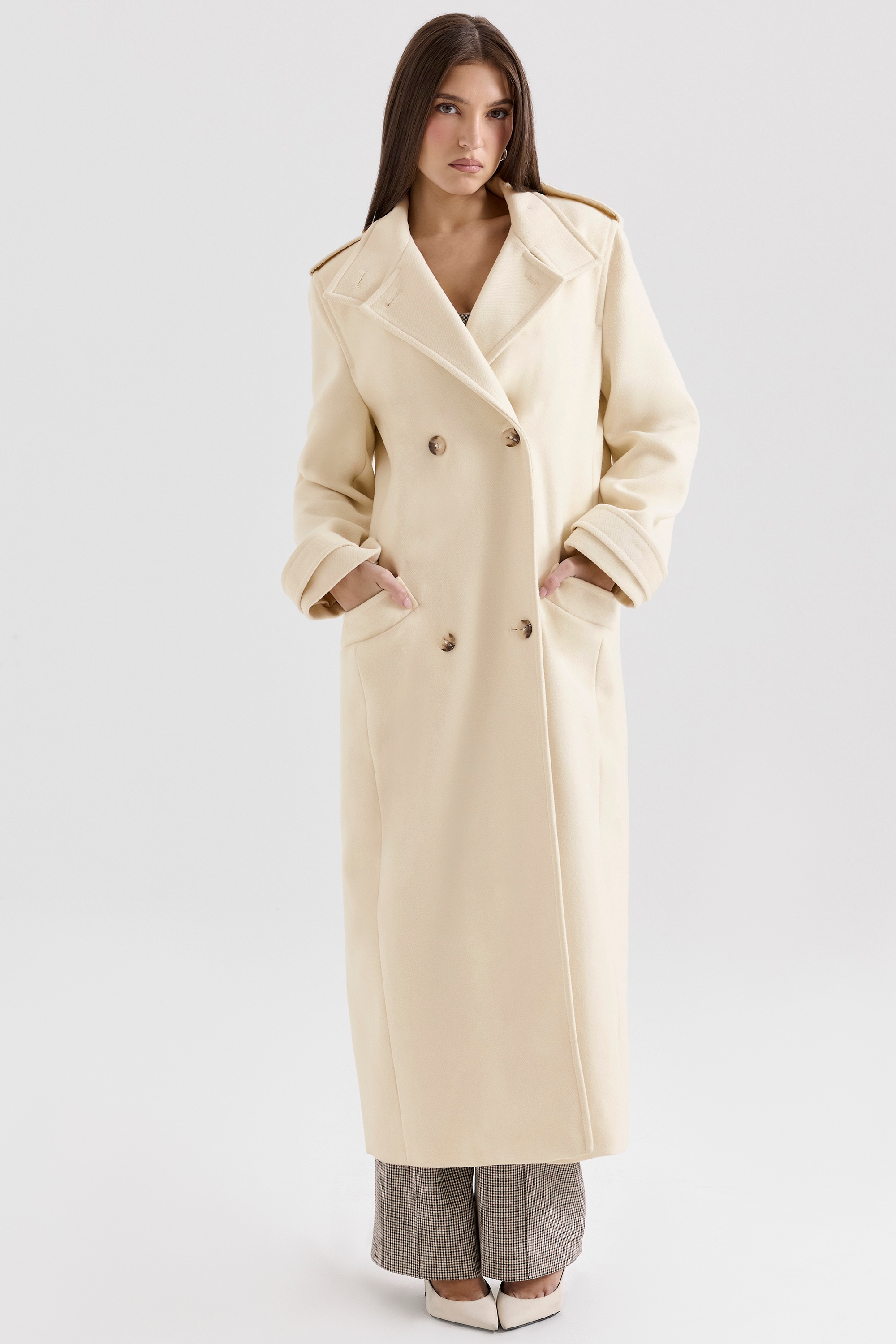 Sander-Cream Double Breasted Funnel Neck Coat