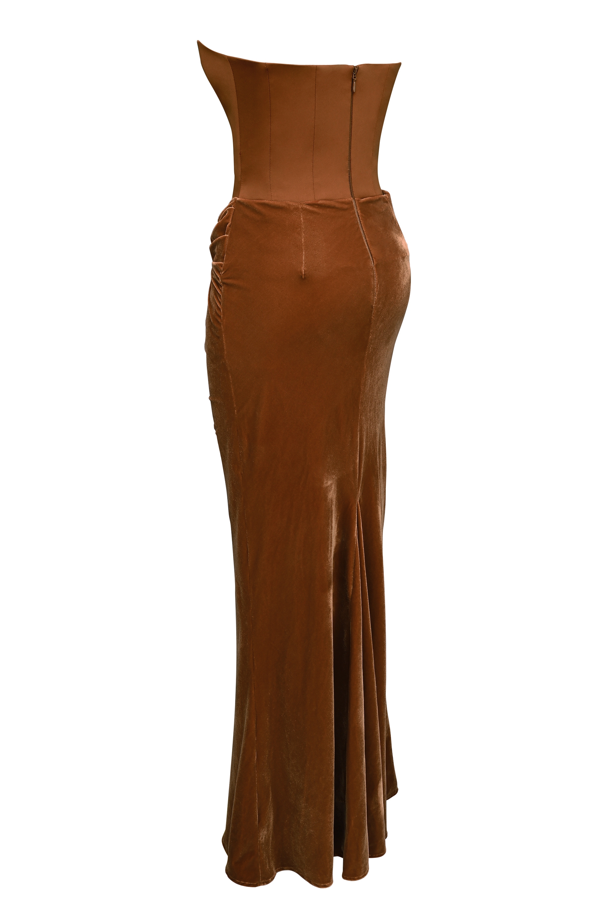 Persephone-Toffee Velvet Strapless Corset Maxi Dress