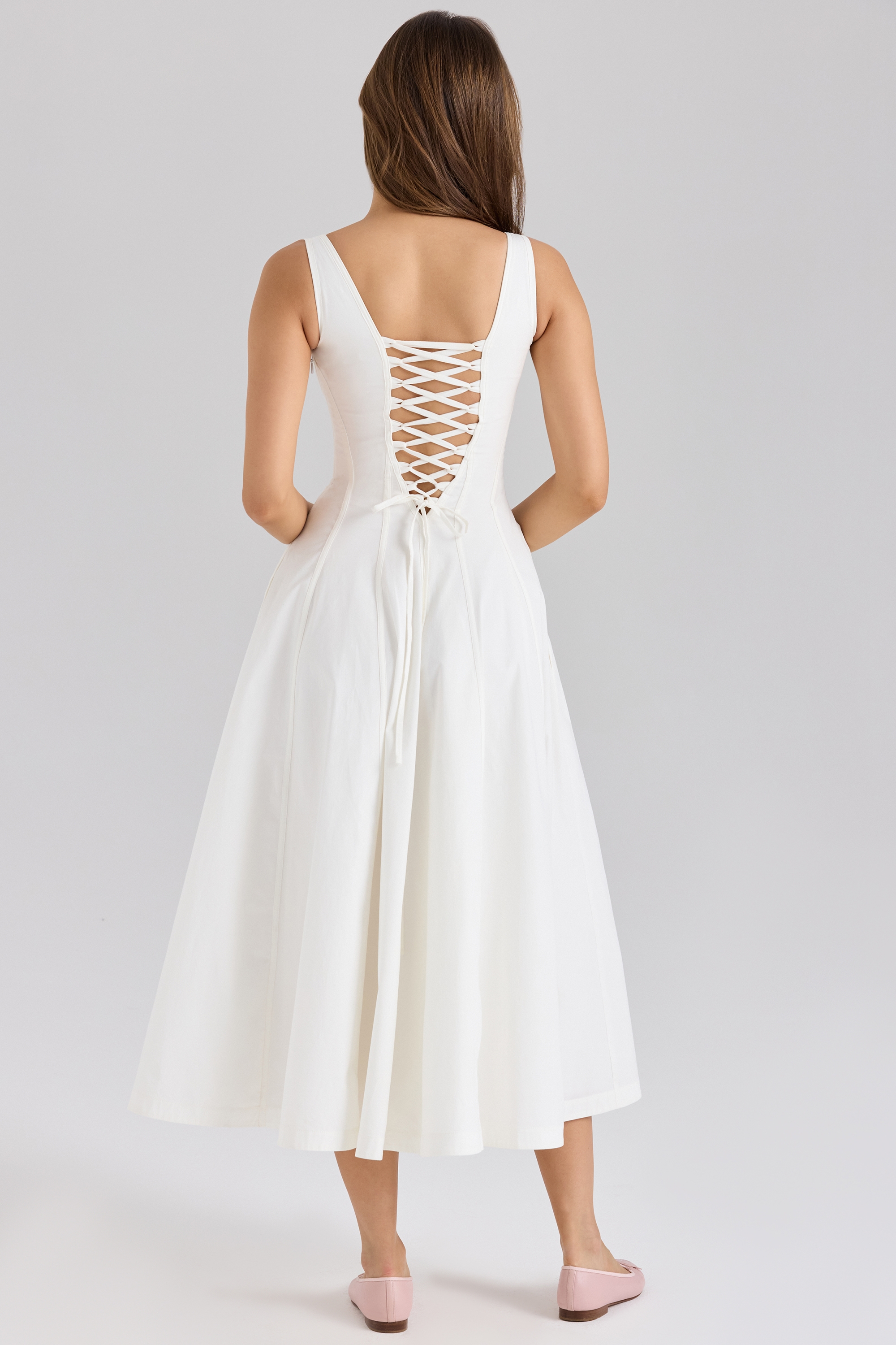 Mariabella-White Stretch Cotton Midi Sundress