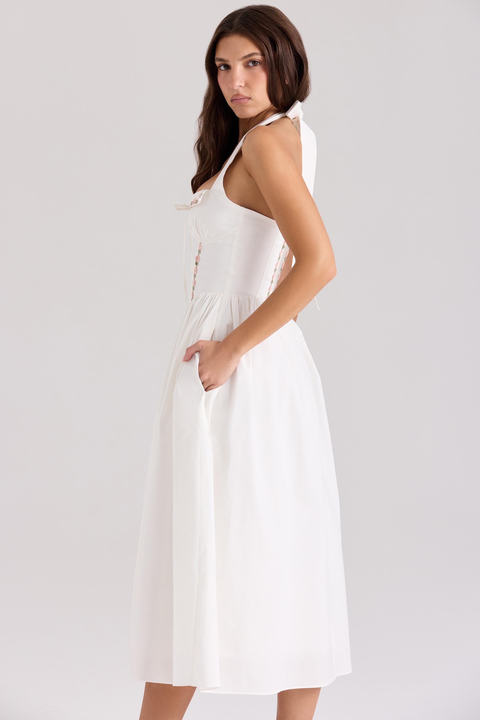 Emilia-White Cotton Halter Neck Midi Dress