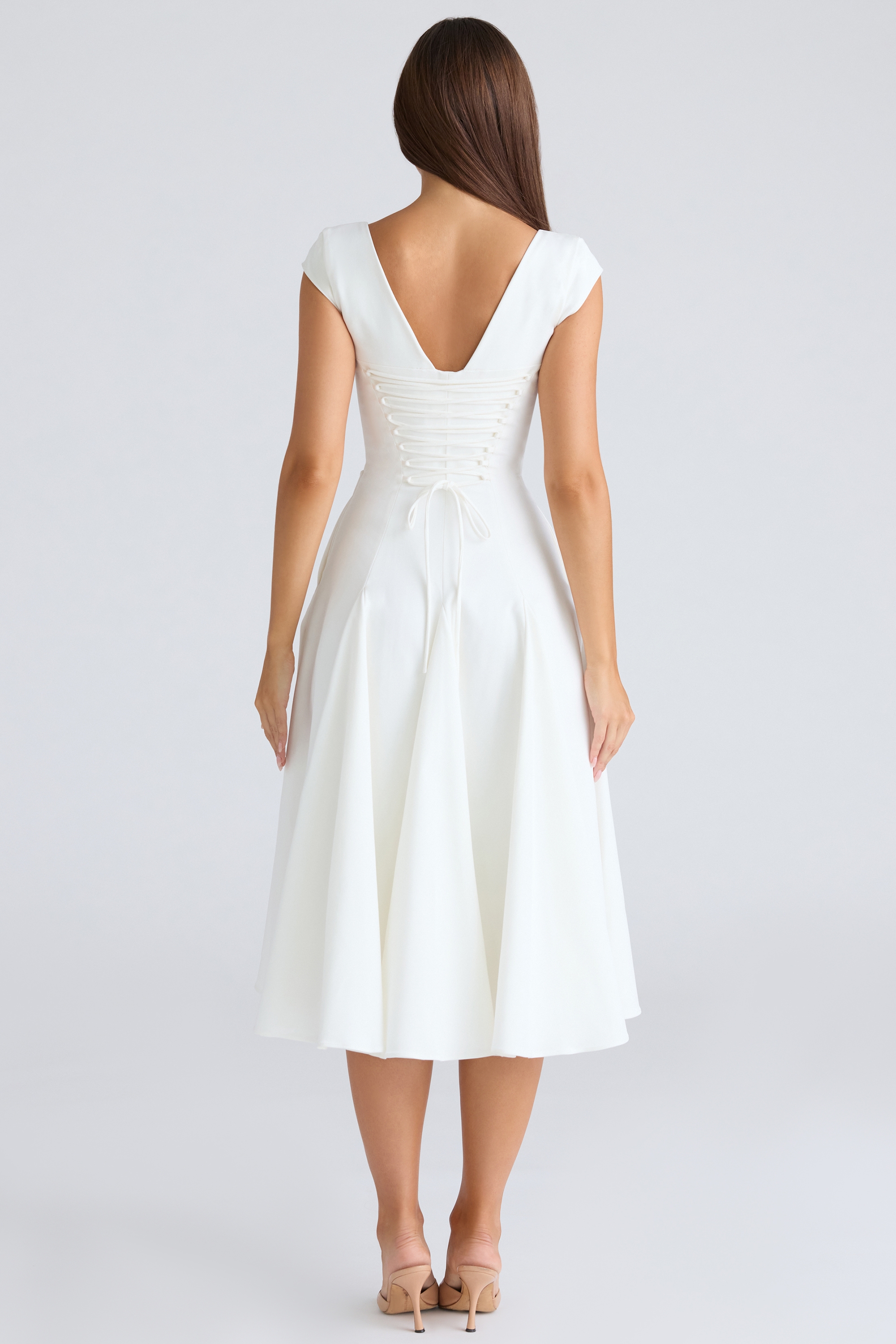 Raisa-White Square Neck Twill Midi Dress