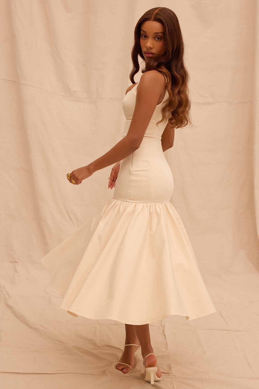 Amore-Vintage Cream Dropped Waist Midi Dress