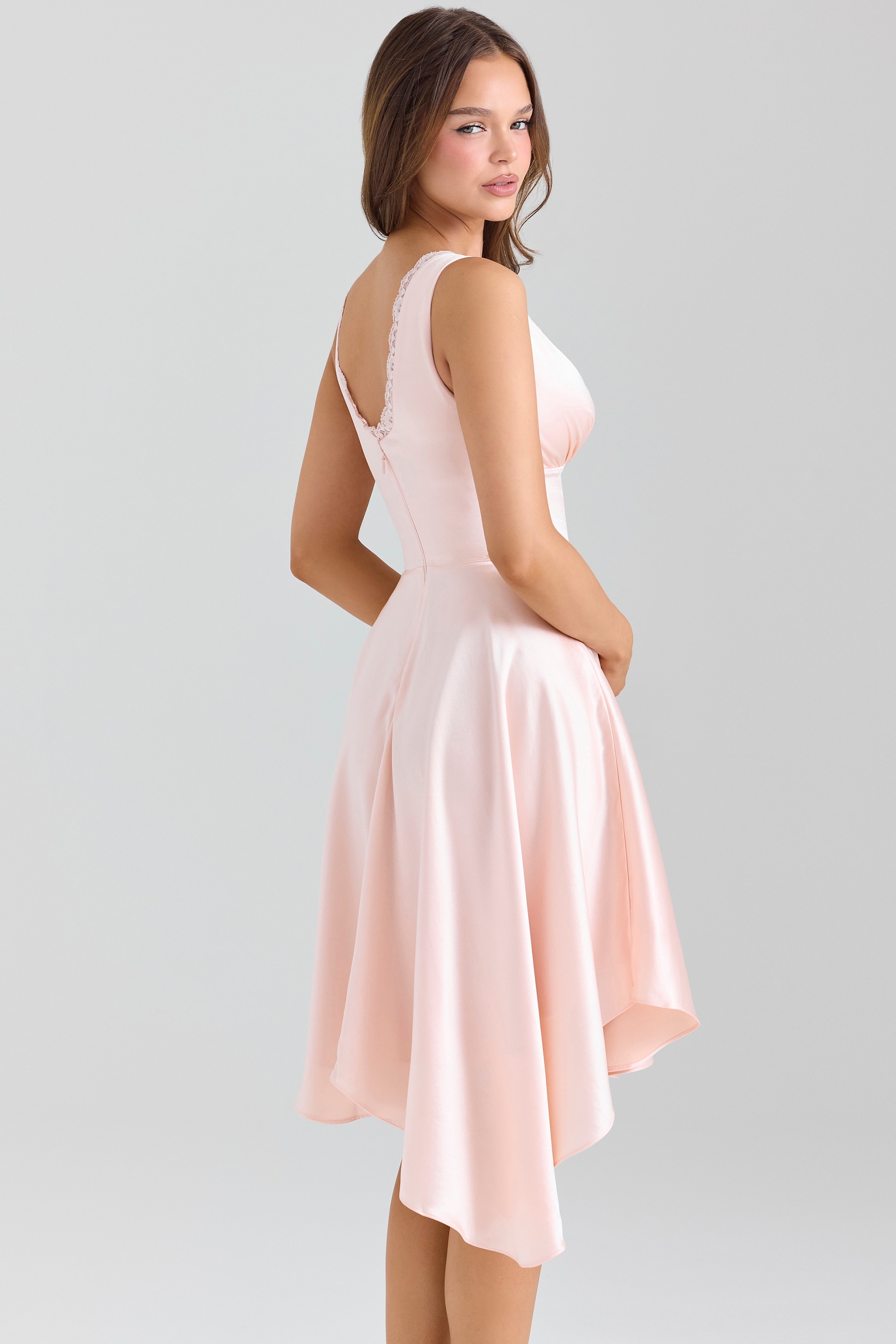 Sabella-Pink Satin Asymmetric Handkerchief Hem Midi Dress