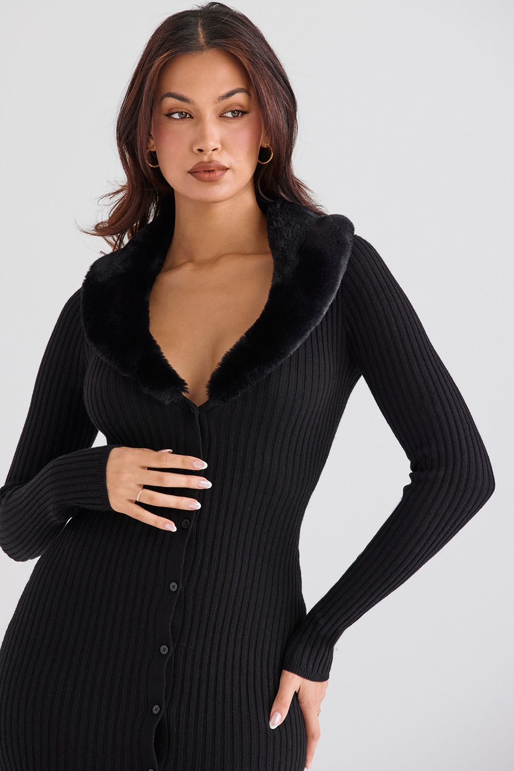 Raine-Black Faux Fur Trim Dress - SALE