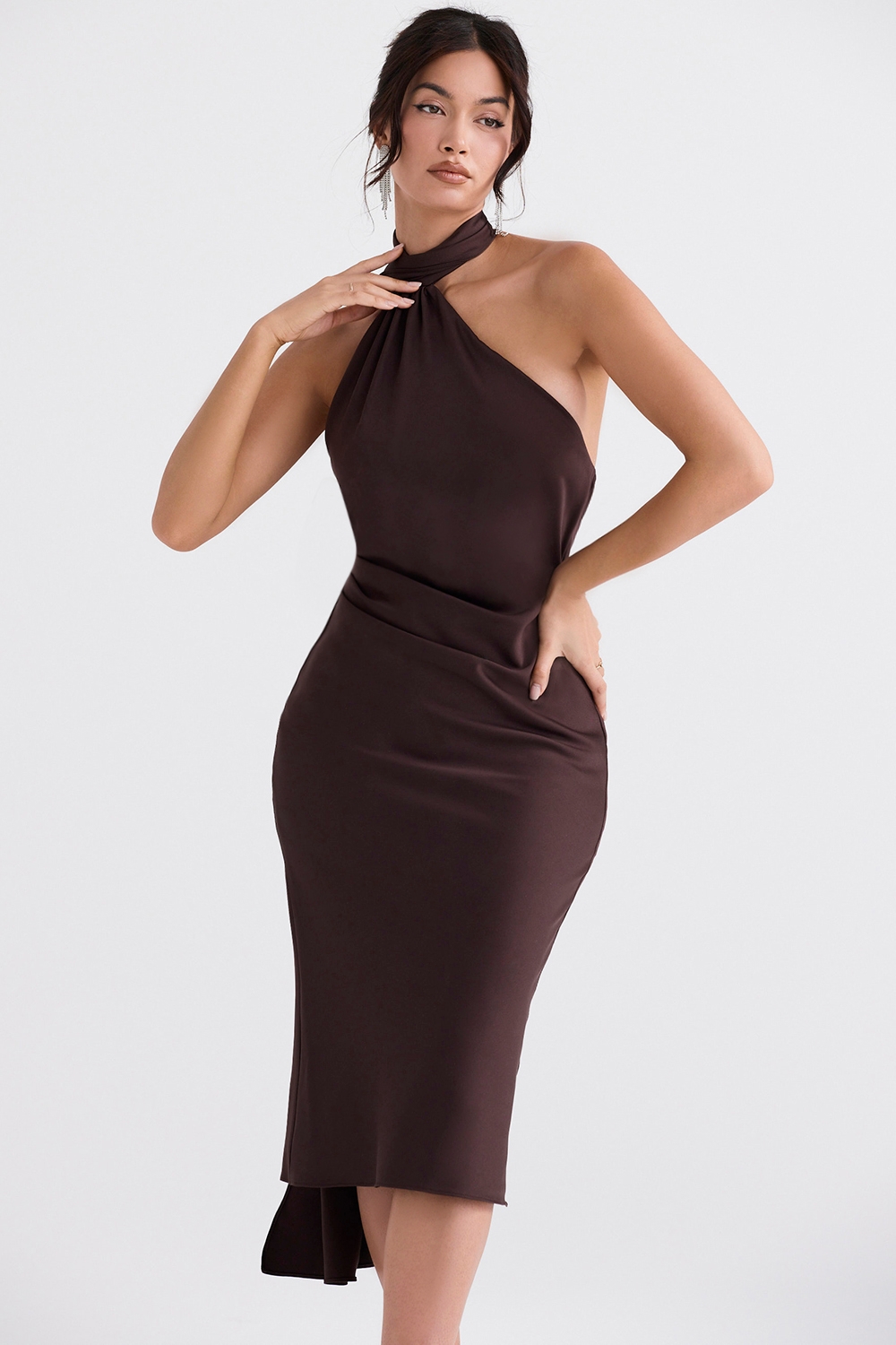 Angelina-Chocolate Wrap Neck Midi Dress