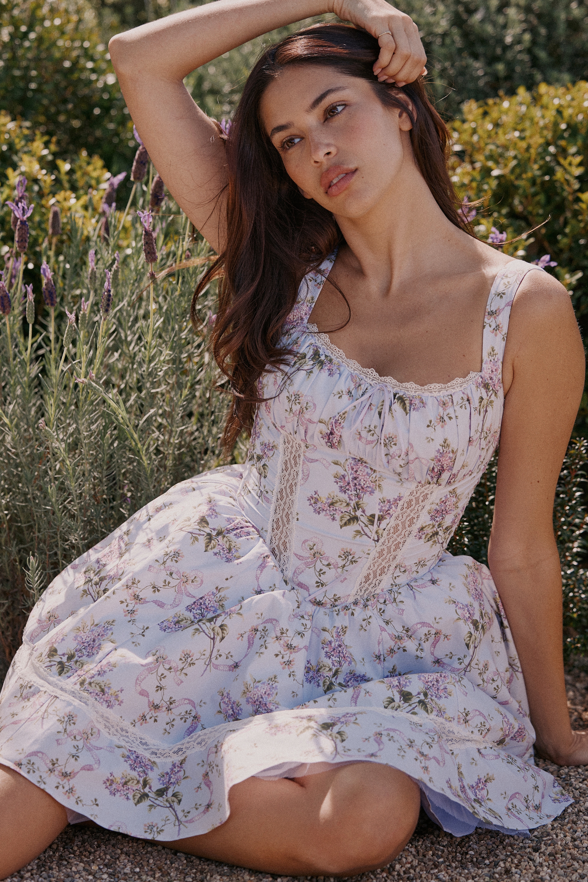 Kimmie-Lilac Ribbon Print Cotton Mini Dress