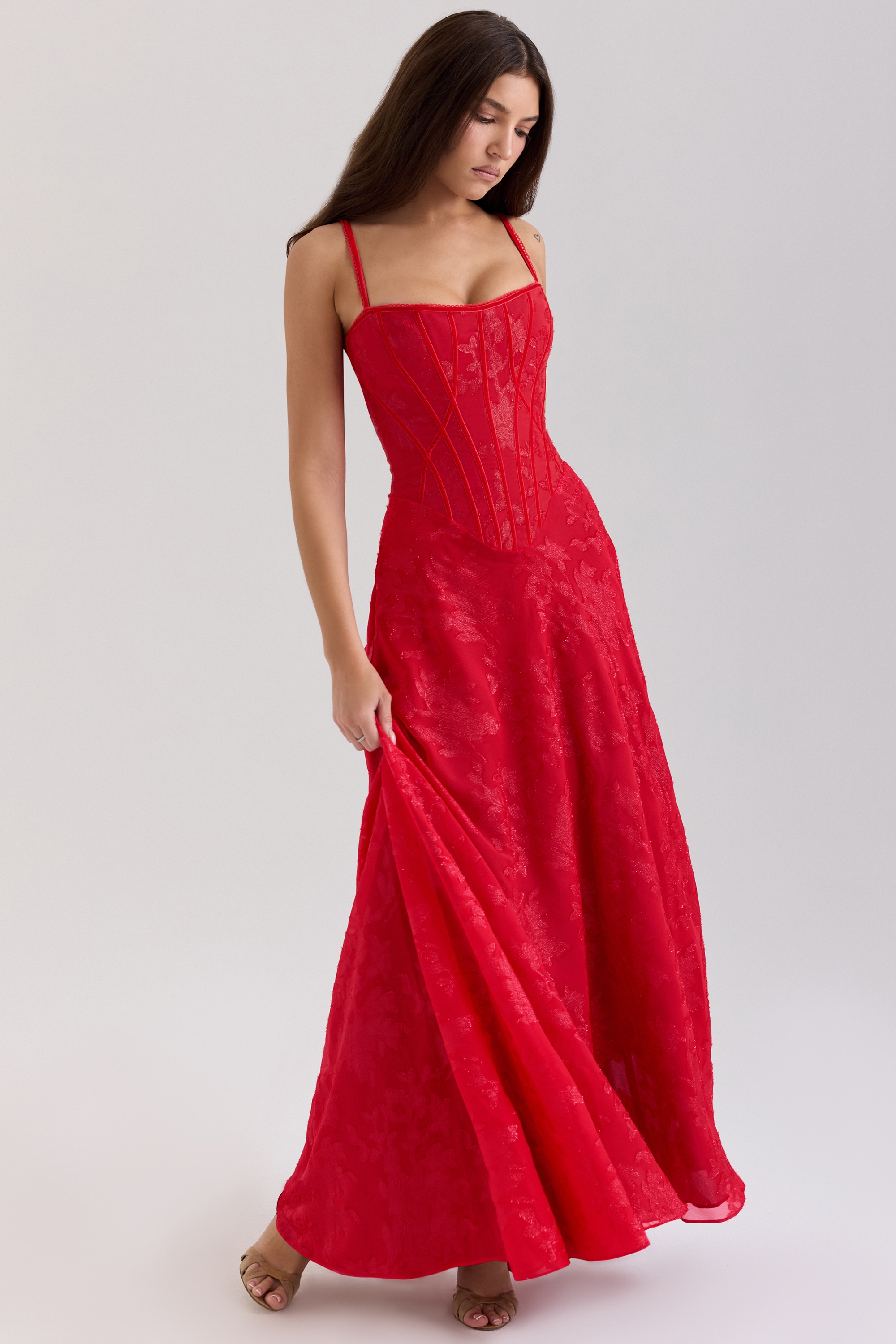 Esme-Red Lurex Chiffon Maxi Dress