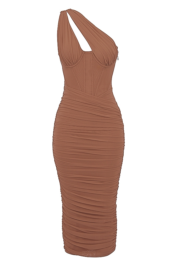 Valentina-Mocha Asymmetric Cutout Midi Dress