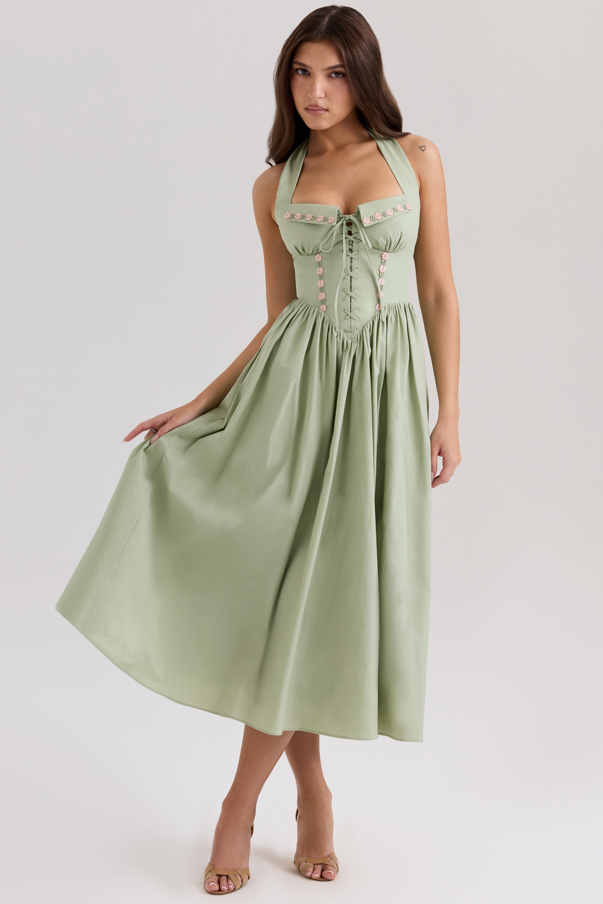 Emilia-Sage Stretch Cotton Halter Neck Midi Dress