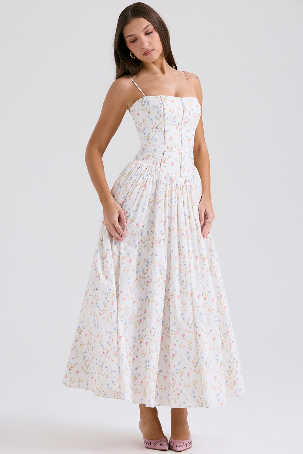 Ysabella-White Posy Print Cotton Maxi Sundress