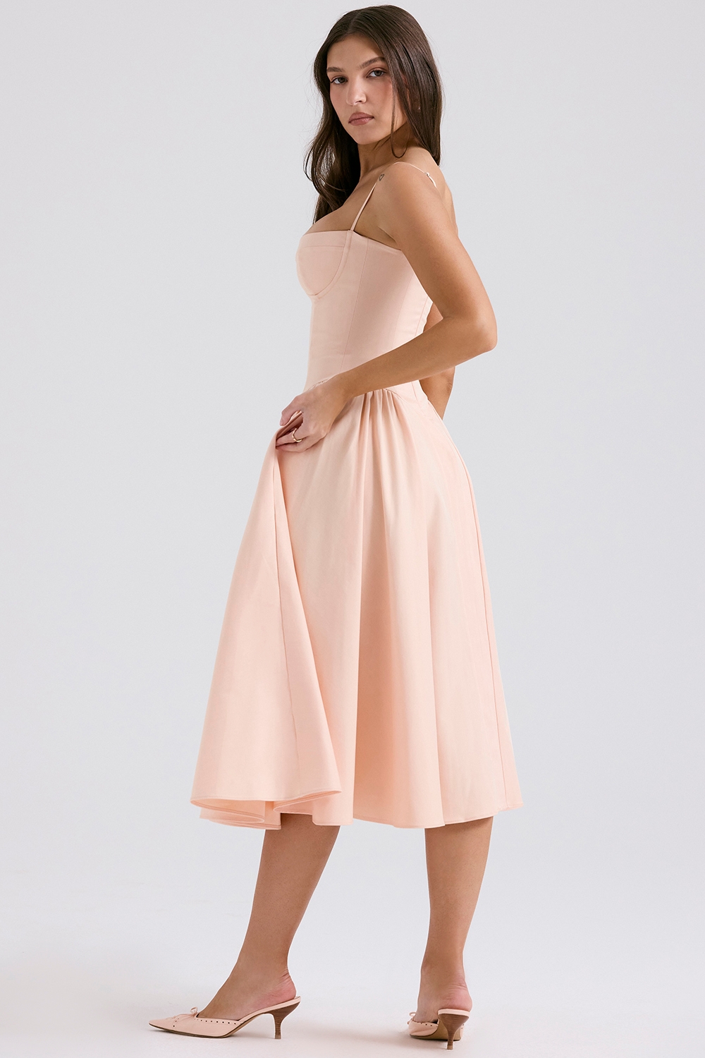 Samaria-Peach Parfait Twill Corset Midi Dress