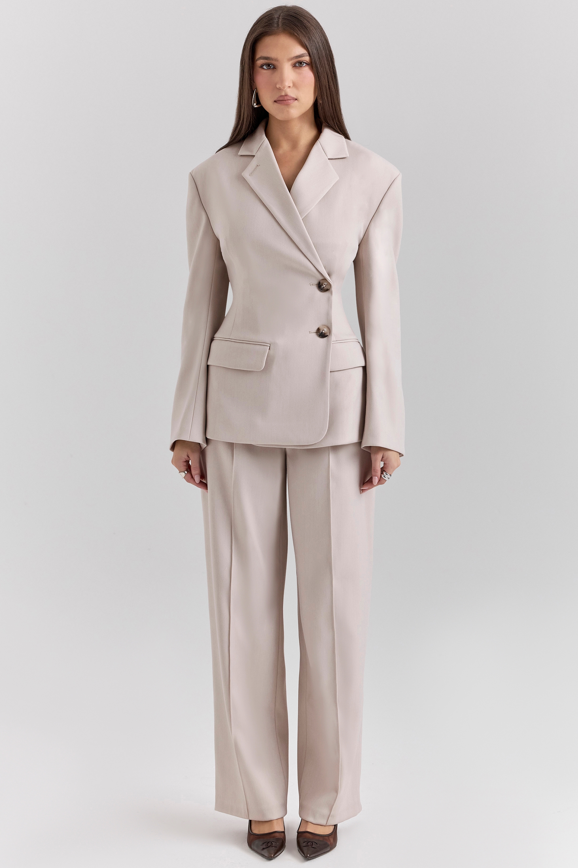 Hayden-Beige High Waist Tailored Trousers