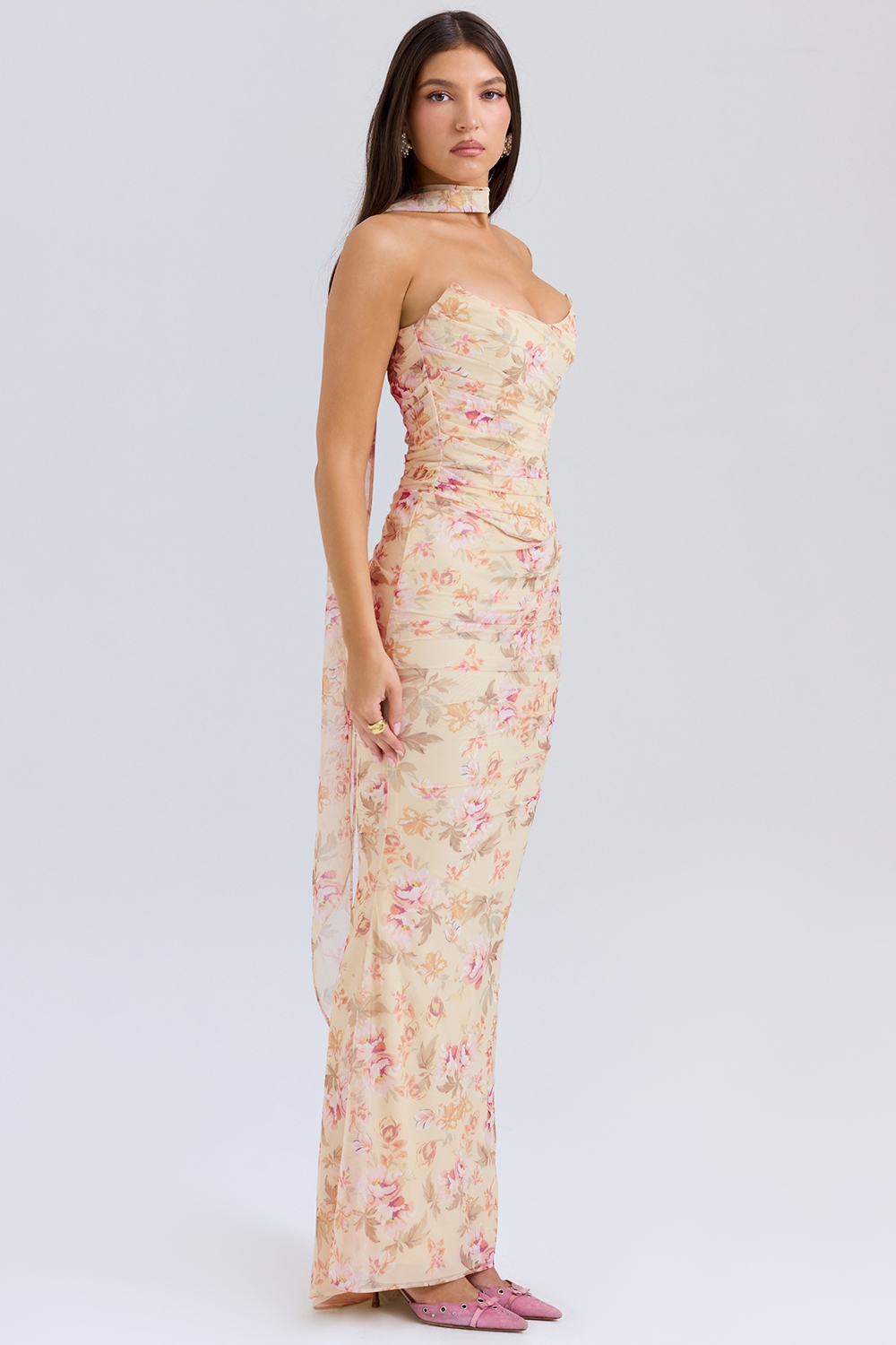 Hallie-Honeyflower Print Strapless Corset With Neck Scarf