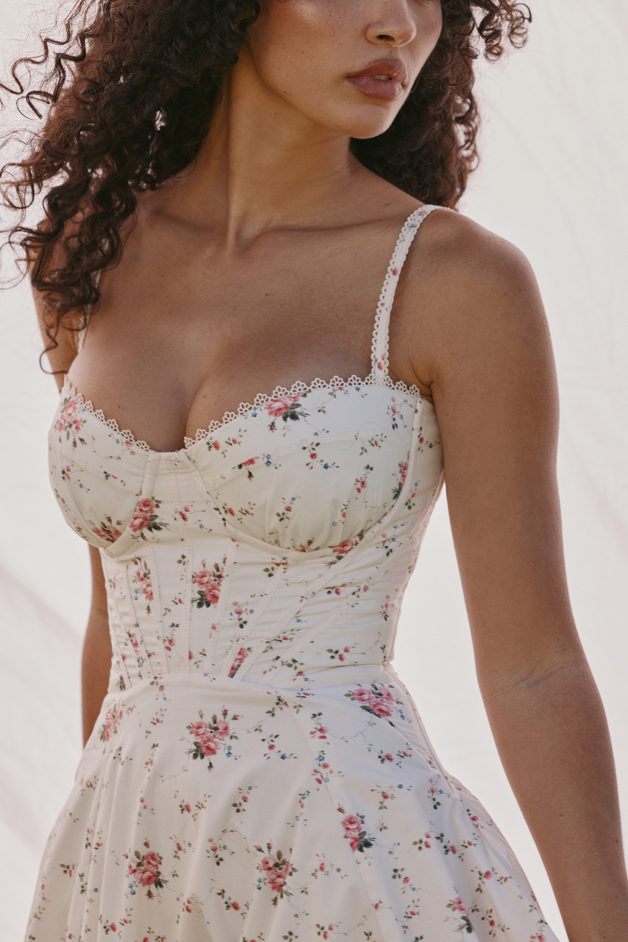 Steffani-White Stretch Cotton Rose Print Midi Sundress