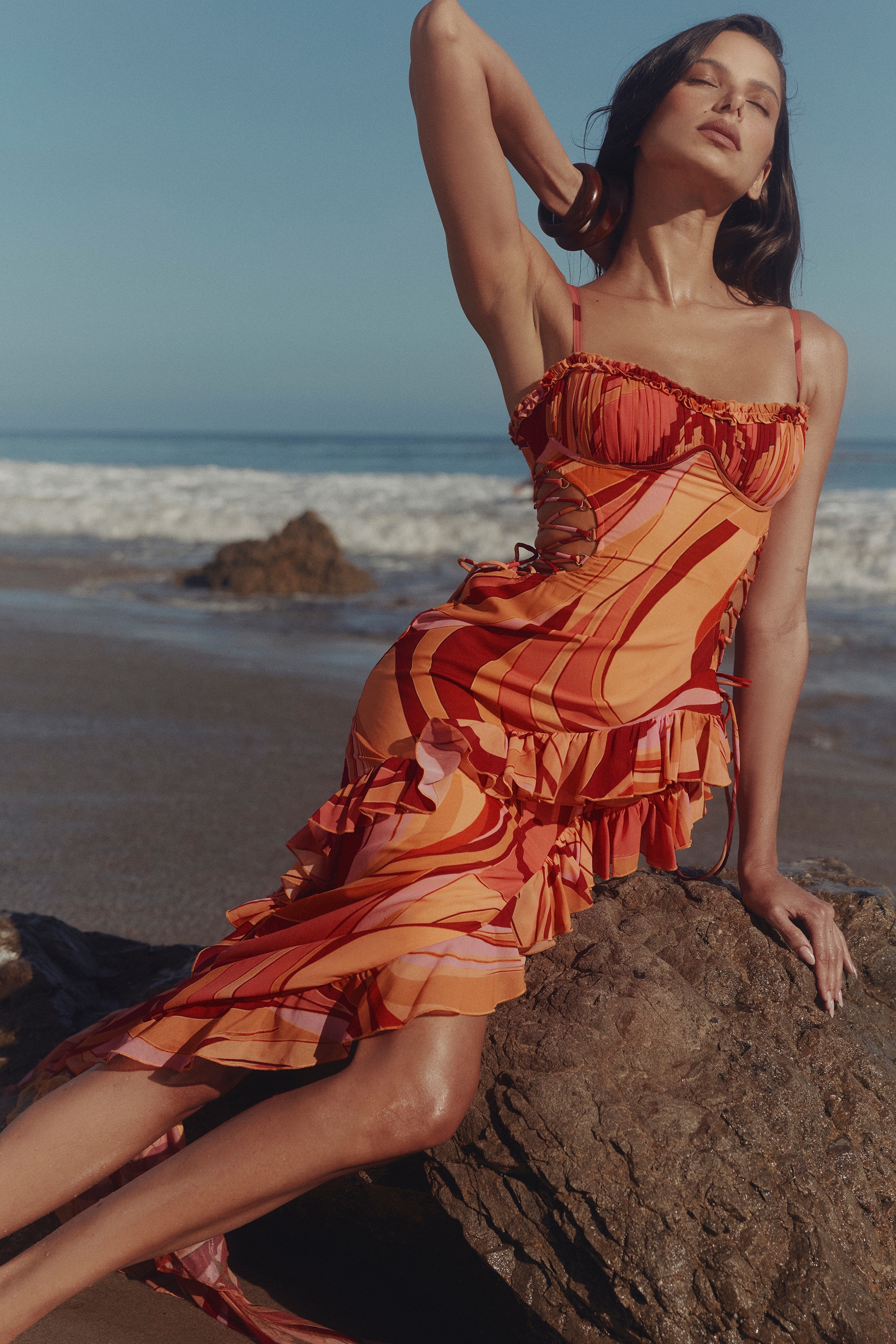 Lumira-Sunset Swirl Print Ruffle Cut Out Maxi Dress
