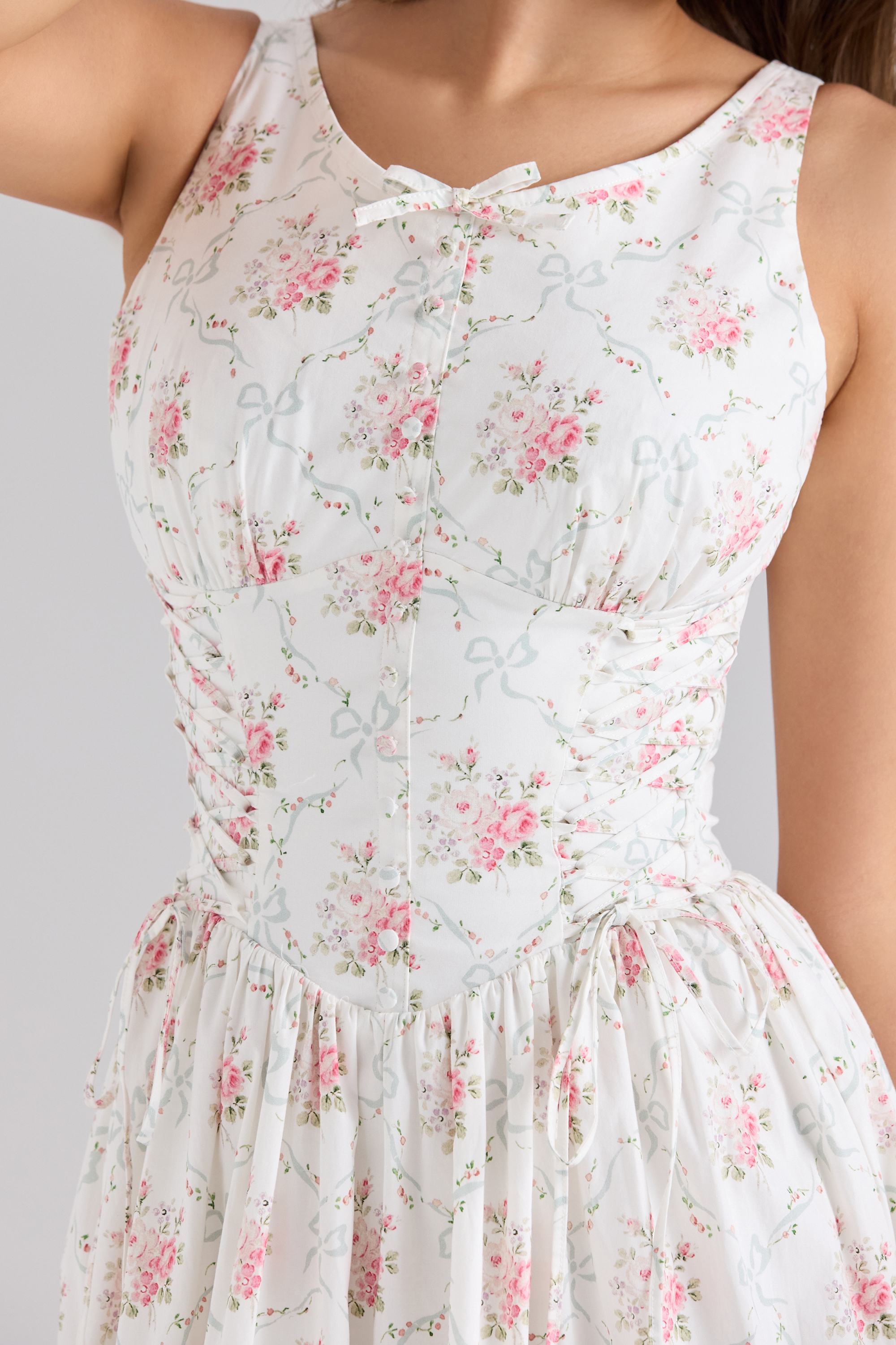 Sienna-Rose Print Stretch Cotton Lace Up Midi Dress