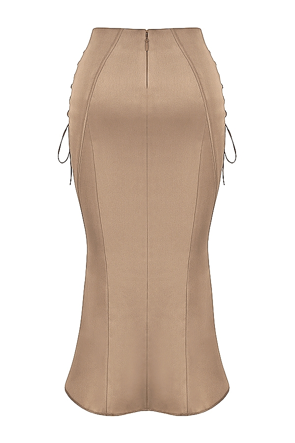 Sidonie-Latte Satin Lace Up Midi Skirt